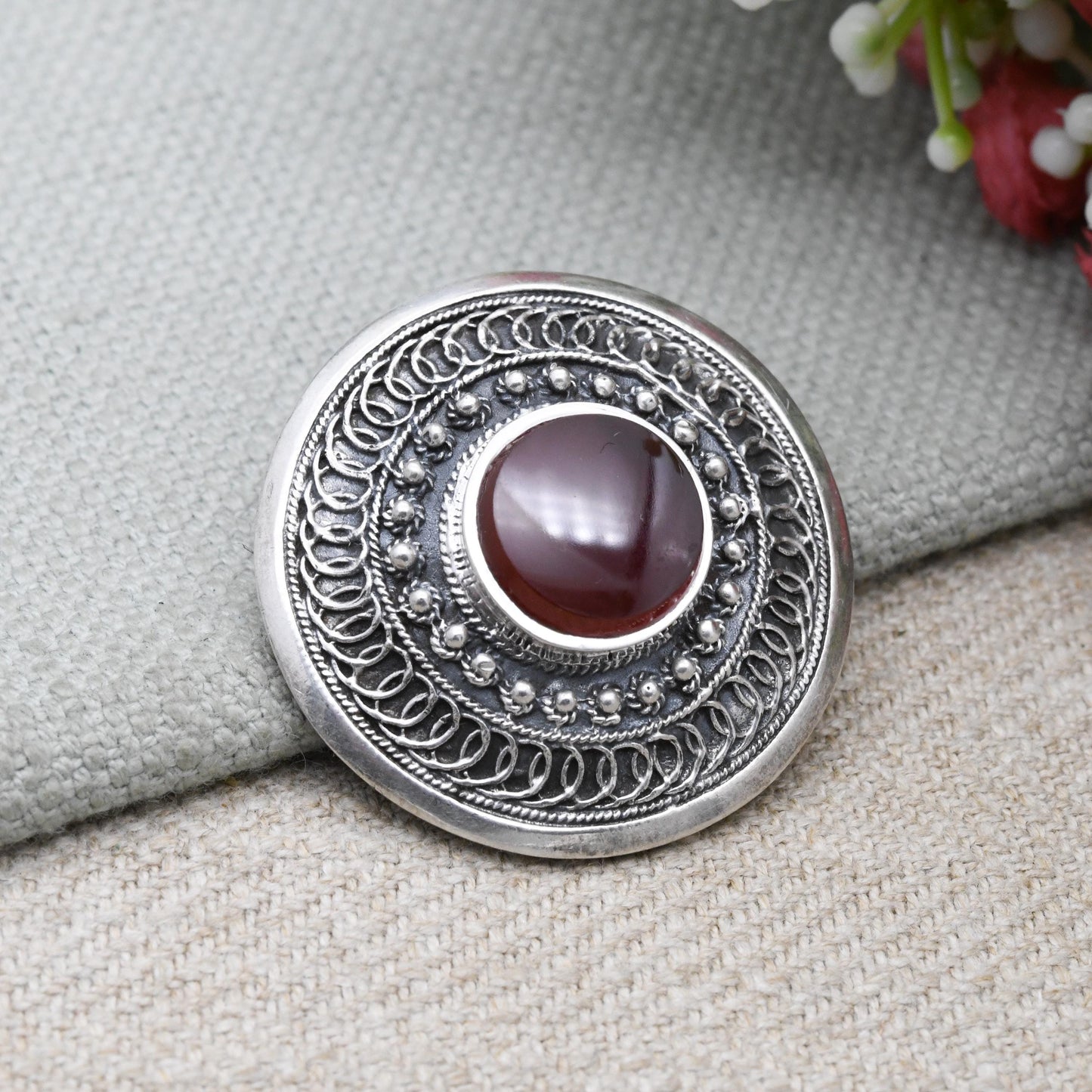 Vintage European Sterling Silver Intricate Circular Bar Brooch with Carnelian - Red Gemstone | Gift for Her