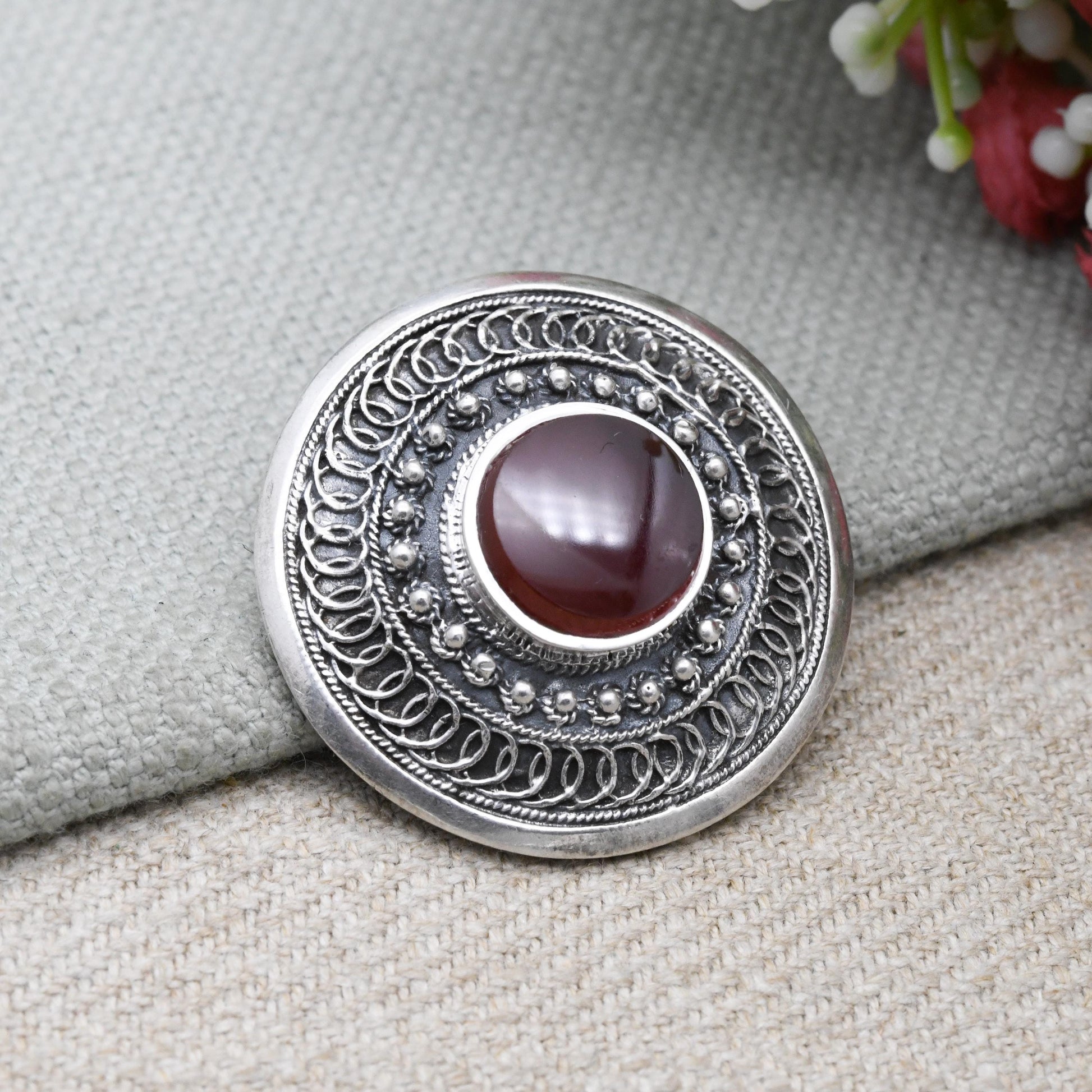 Vintage European Sterling Silver Intricate Circular Bar Brooch with Carnelian - Red Gemstone | Gift for Her