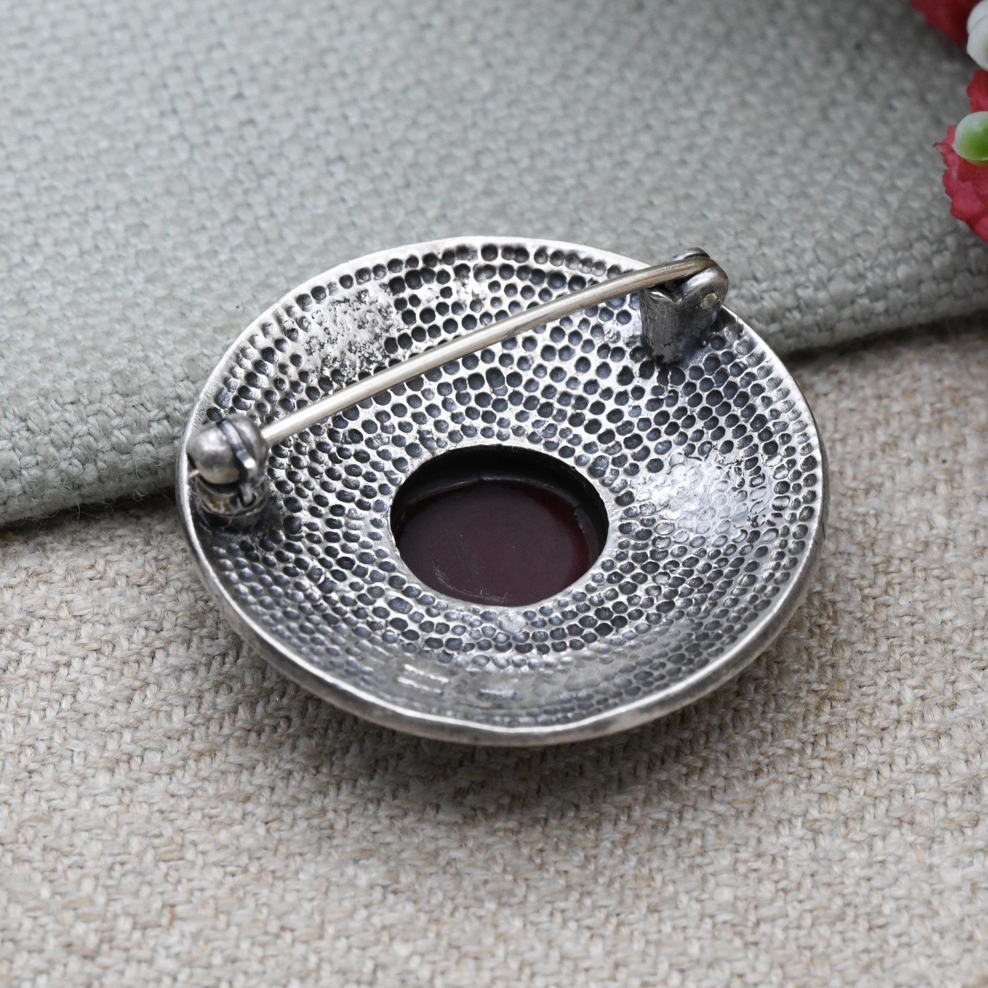 Vintage European Sterling Silver Intricate Circular Bar Brooch with Carnelian - Red Gemstone | Gift for Her