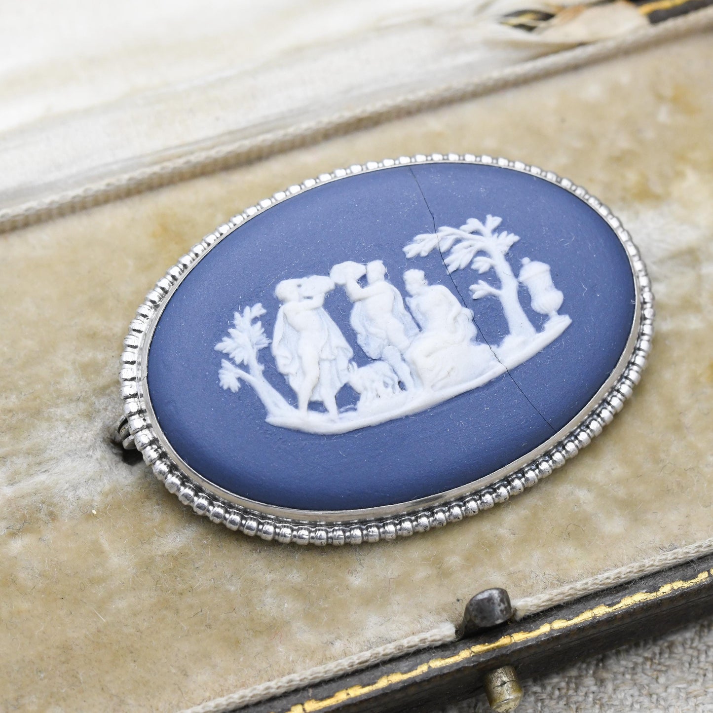 Vintage Wedgwood Sterling Silver Classical Scene Cameo Brooch 1975 - Portland Blue Jasperware | Gift for Her