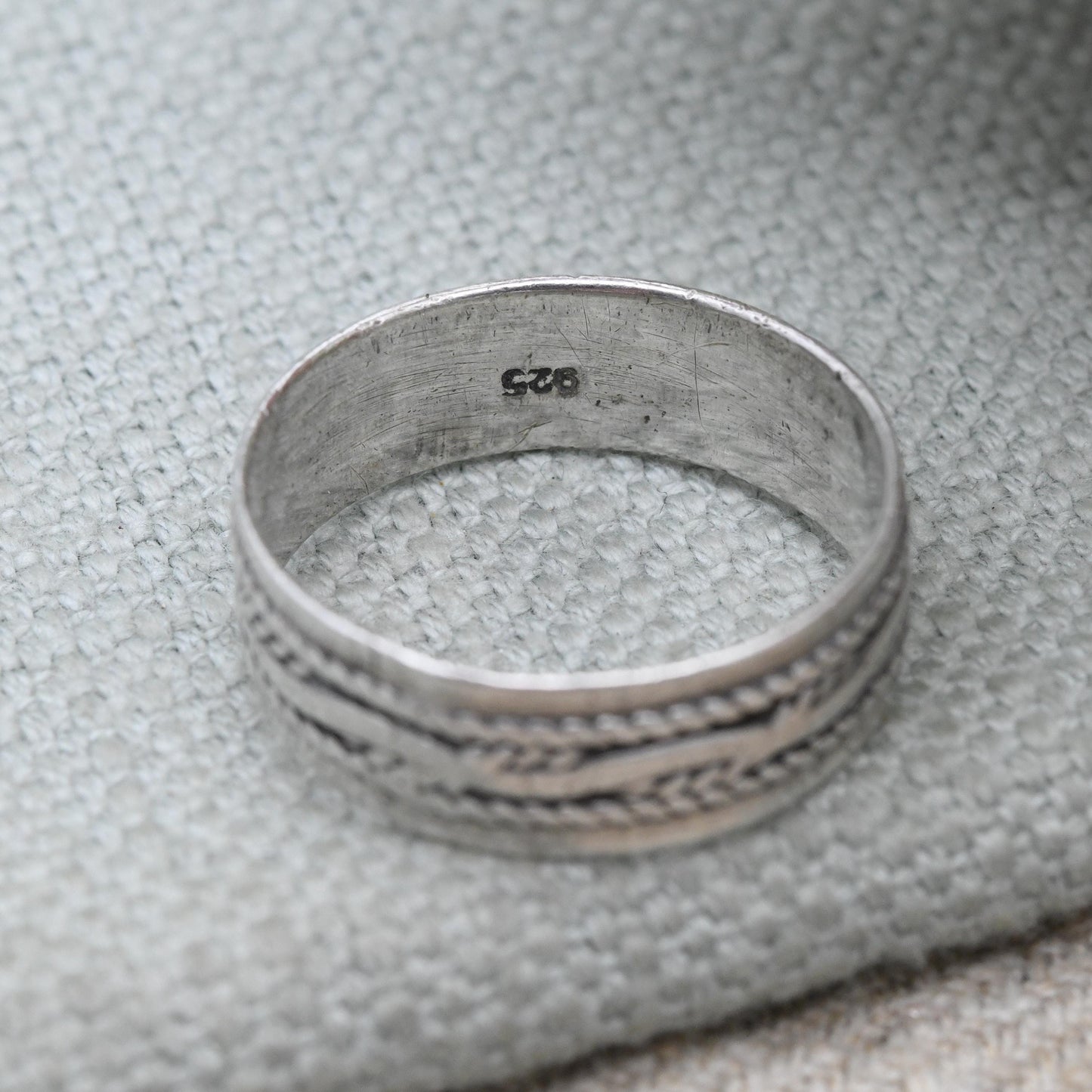 Vintage Sterling Silver Band Ring - Unisex Textured Silver Wide Band | UK Size - T | US Size - 10
