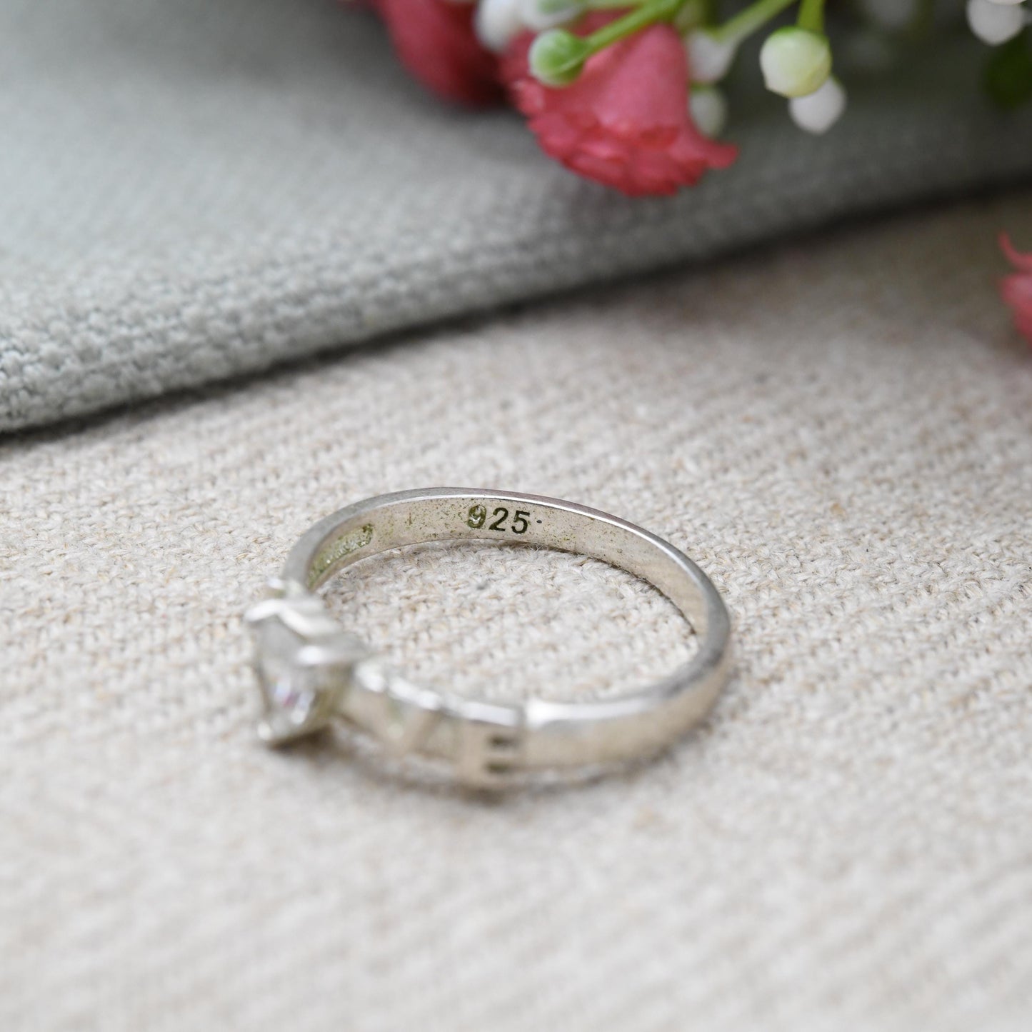 Vintage Sterling Silver and CZ Love Ring - Clear Stone Love Heart and Love Message | Sweet Gift for Her | UK Size - P 1/2 | US Size - 8