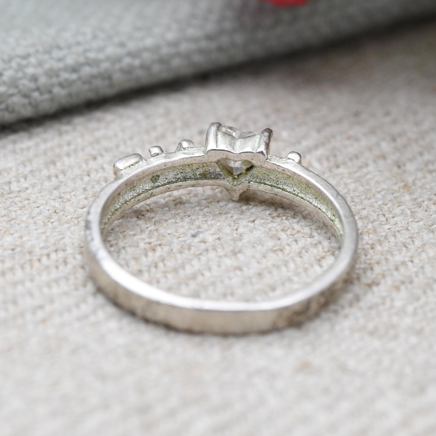Vintage Sterling Silver and CZ Love Ring - Clear Stone Love Heart and Love Message | Sweet Gift for Her | UK Size - P 1/2 | US Size - 8