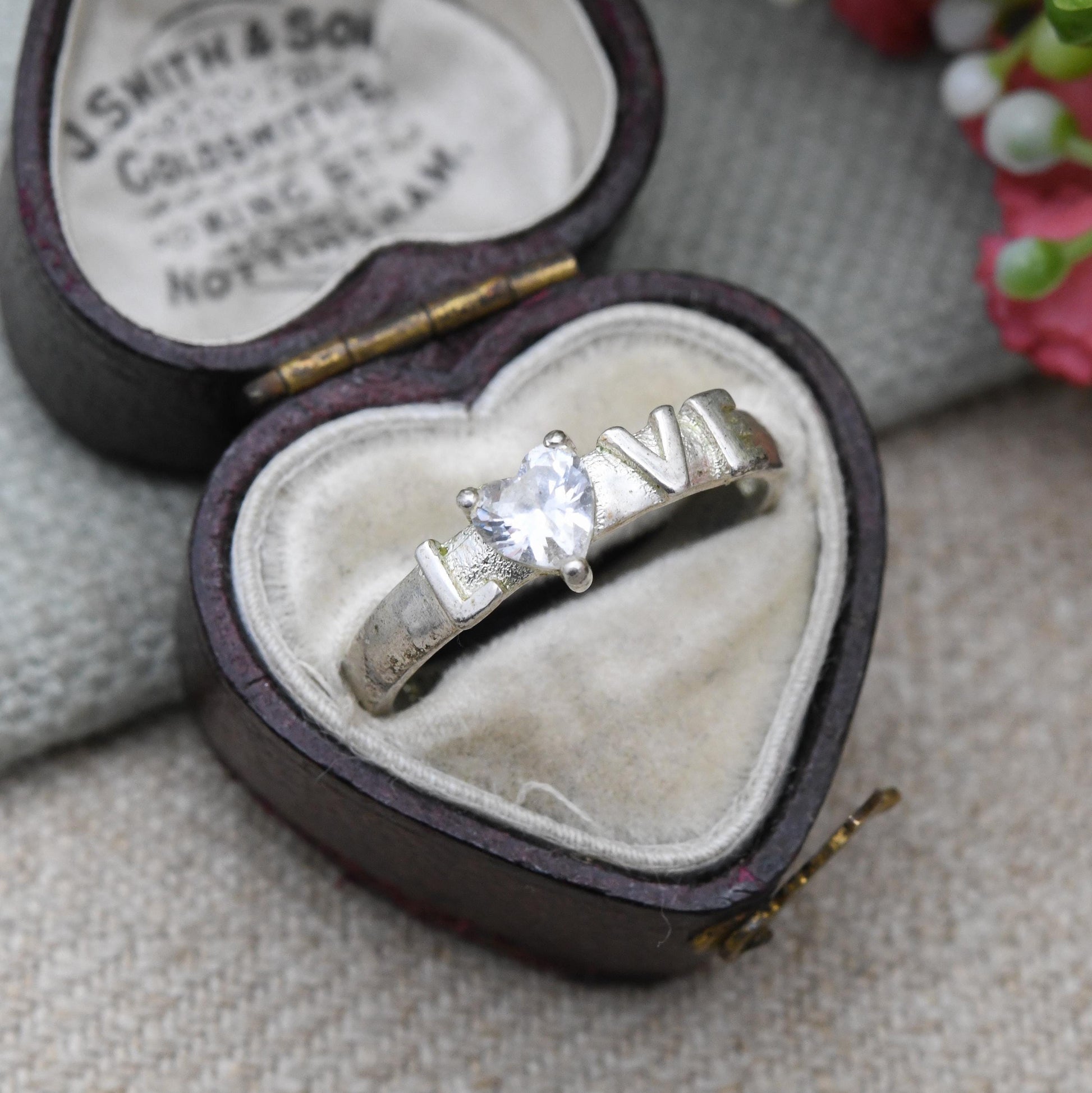 Vintage Sterling Silver and CZ Love Ring - Clear Stone Love Heart and Love Message | Sweet Gift for Her | UK Size - P 1/2 | US Size - 8