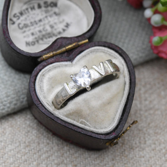 Vintage Sterling Silver and CZ Love Ring - Clear Stone Love Heart and Love Message | Sweet Gift for Her | UK Size - P 1/2 | US Size - 8