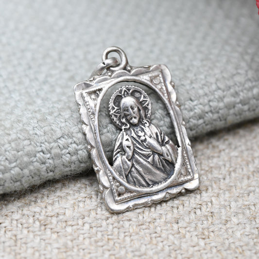 Vintage European Sterling Silver Sacred Heart of Jesus Christ Ornate Design - Religious Christian Gift for Necklace Stack