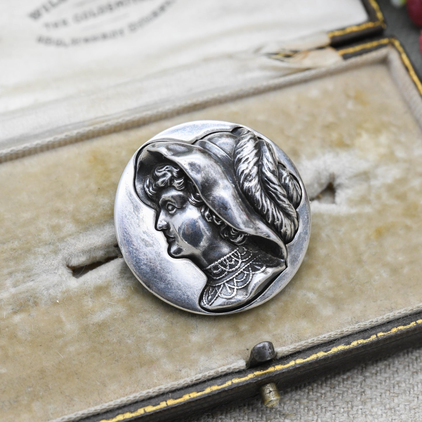 Antique Edwardian Woman Brooch 1908 by Arthur Johnson Smith - Repoussé Silver | Raised Relief Detailed Profile Face in Antique Hat