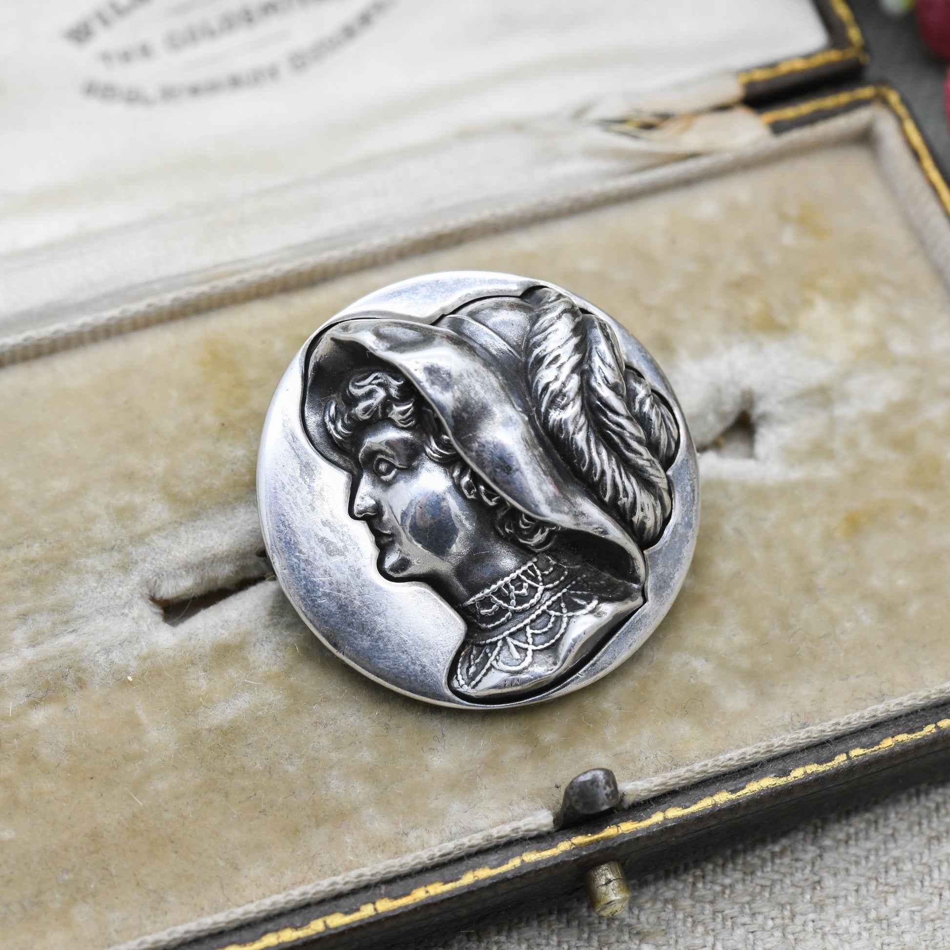 Antique Edwardian Woman Brooch 1908 by Arthur Johnson Smith - Repoussé Silver | Raised Relief Detailed Profile Face in Antique Hat