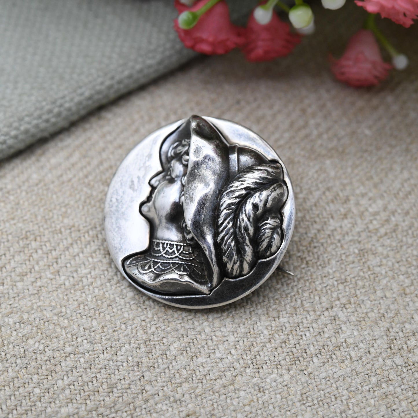 Antique Edwardian Woman Brooch 1908 by Arthur Johnson Smith - Repoussé Silver | Raised Relief Detailed Profile Face in Antique Hat