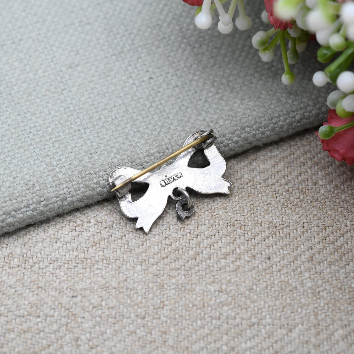 Antique Edwardian Sterling Silver Bow Brooch with Pendant Drop - Blue Enamel Design | Collectible Bow Jewellery