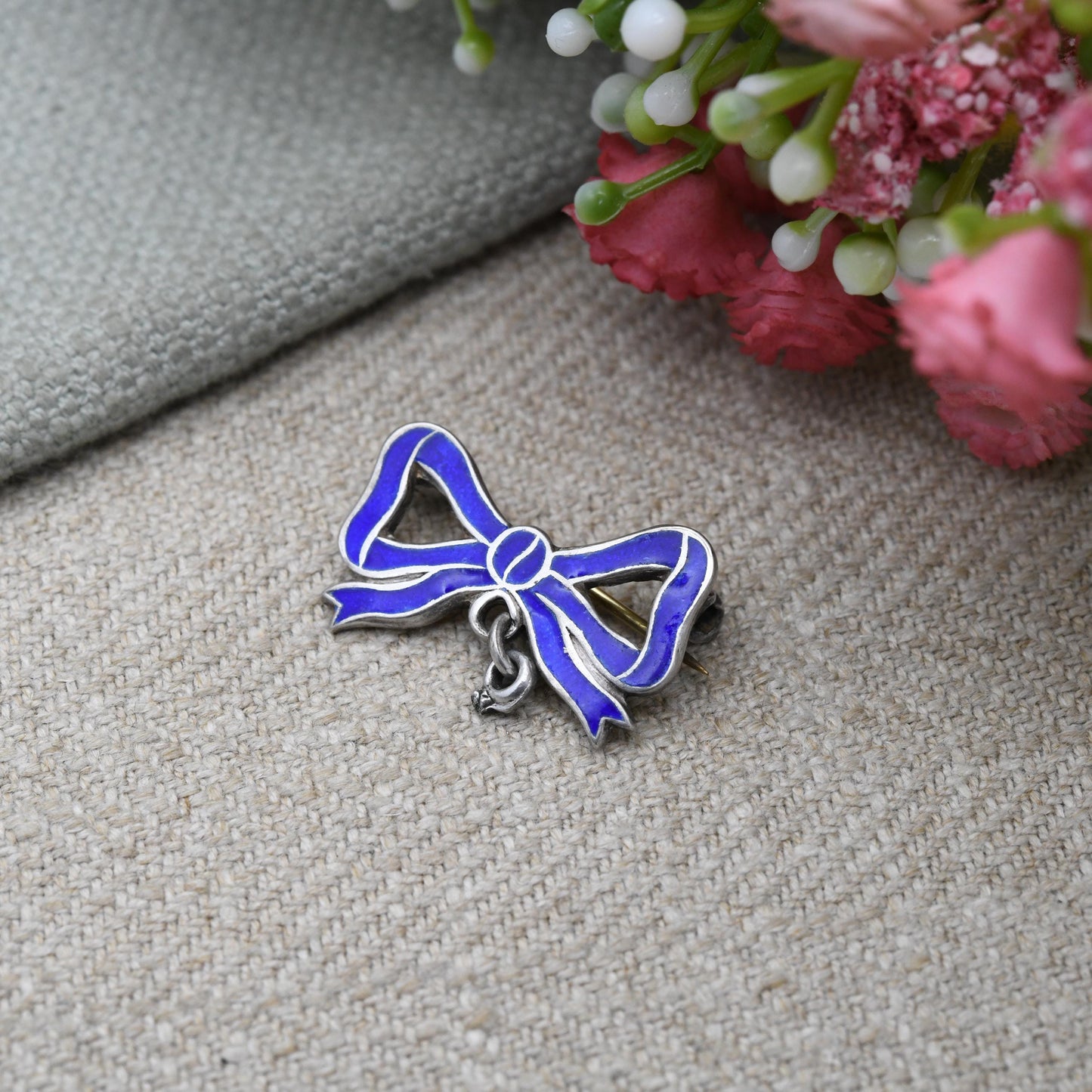 Antique Edwardian Sterling Silver Bow Brooch with Pendant Drop - Blue Enamel Design | Collectible Bow Jewellery