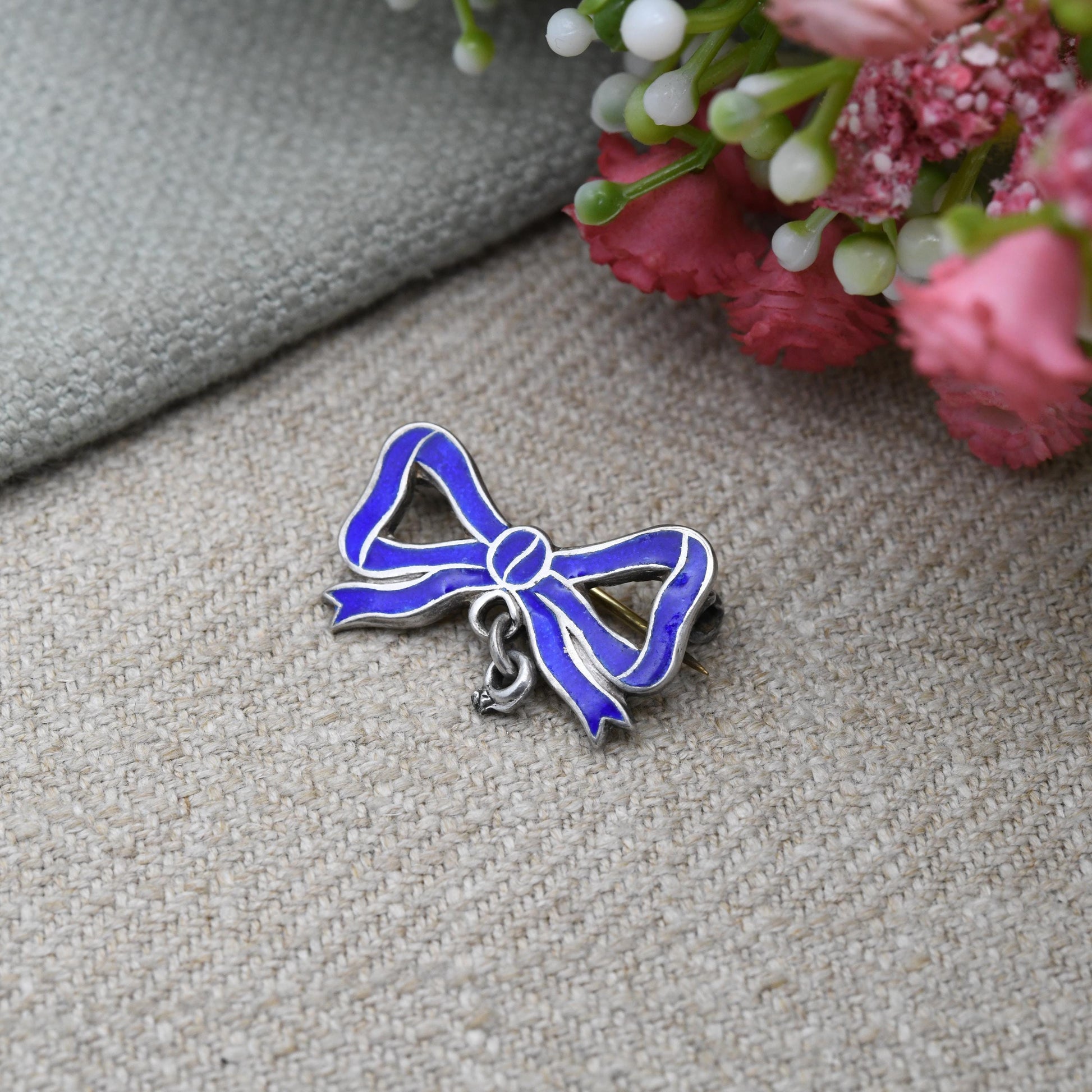 Antique Edwardian Sterling Silver Bow Brooch with Pendant Drop - Blue Enamel Design | Collectible Bow Jewellery