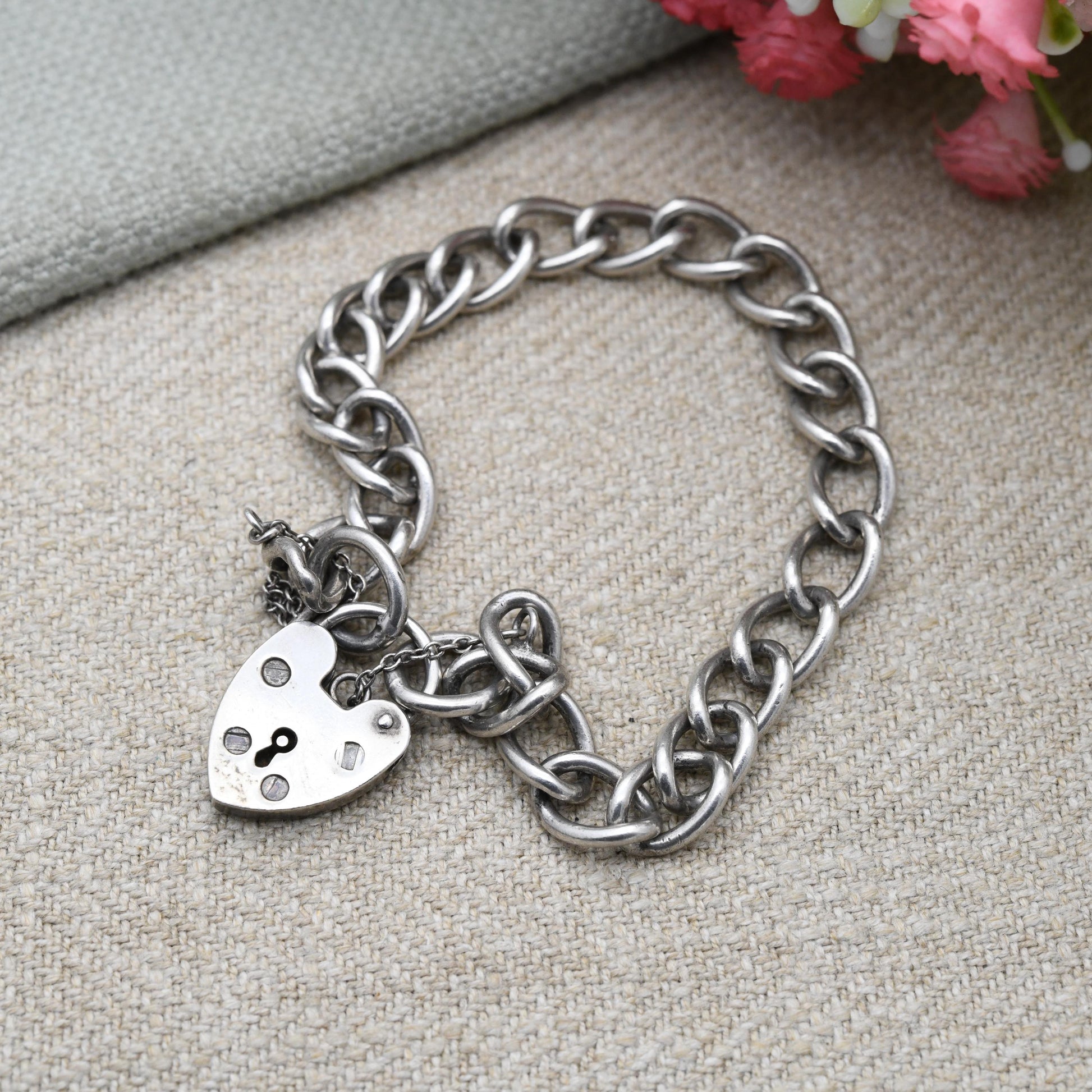 Vintage Sterling Silver Heart Padlock Clasp Chain Bracelet 1983 - Cute Curb Links with Safety Chain | Charm Bracelet | Gift for Her