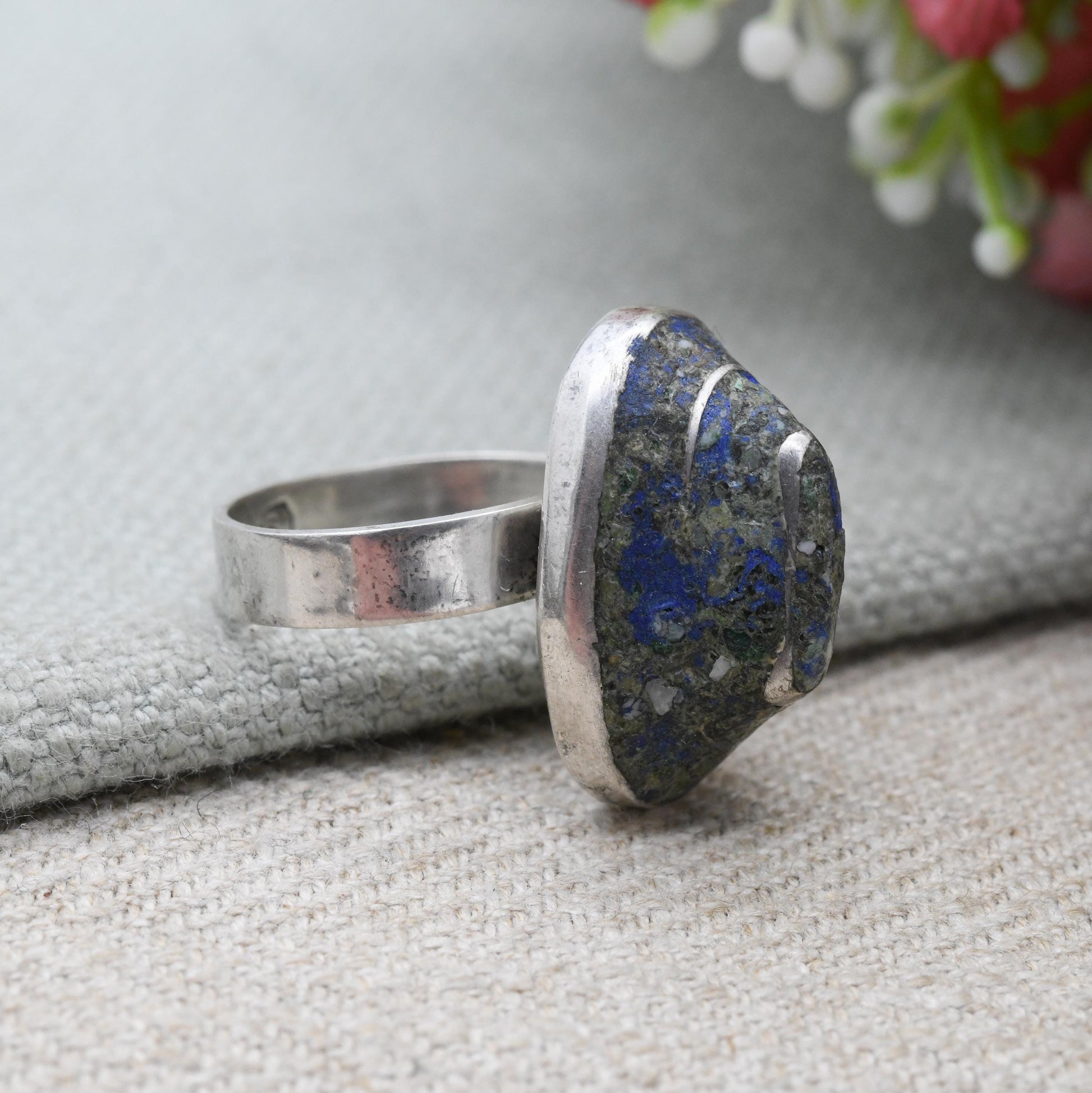 Vintage Mexican Sterling Silver Lapis Lazuli Ring c. 1980s - Collectable Taxco Statement Jewellery | Adjustable UK Size - M US Size - 6 1/4