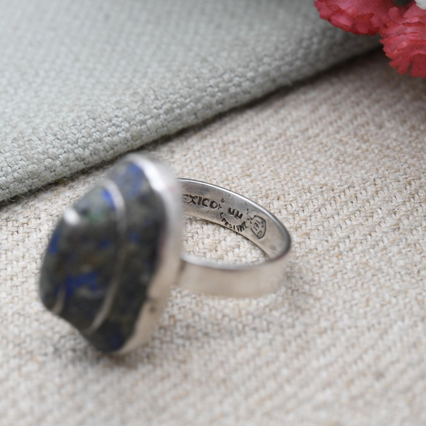 Vintage Mexican Sterling Silver Lapis Lazuli Ring c. 1980s - Collectable Taxco Statement Jewellery | Adjustable UK Size - M US Size - 6 1/4
