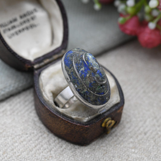 Vintage Mexican Sterling Silver Lapis Lazuli Ring c. 1980s - Collectable Taxco Statement Jewellery | Adjustable UK Size - M US Size - 6 1/4
