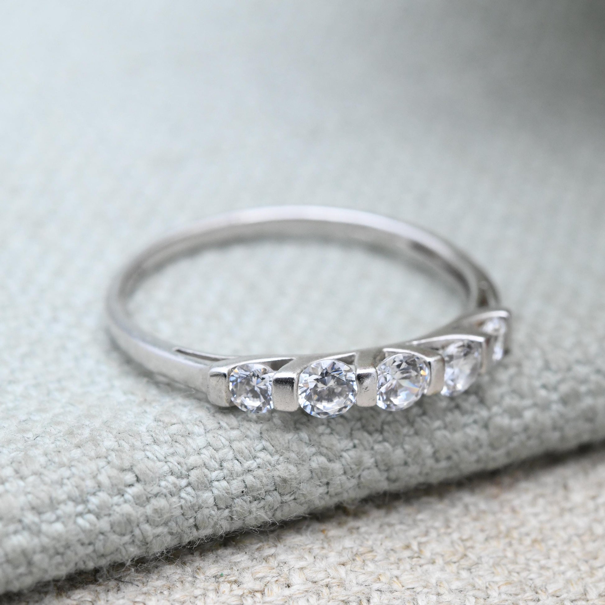 Sterling Silver Cubic Zirconia Five Stone Ring - Small White Stones CZ Ring | Y2K Placeholder Ring | UK Size - V 1/2 | US Size - 10 3/4