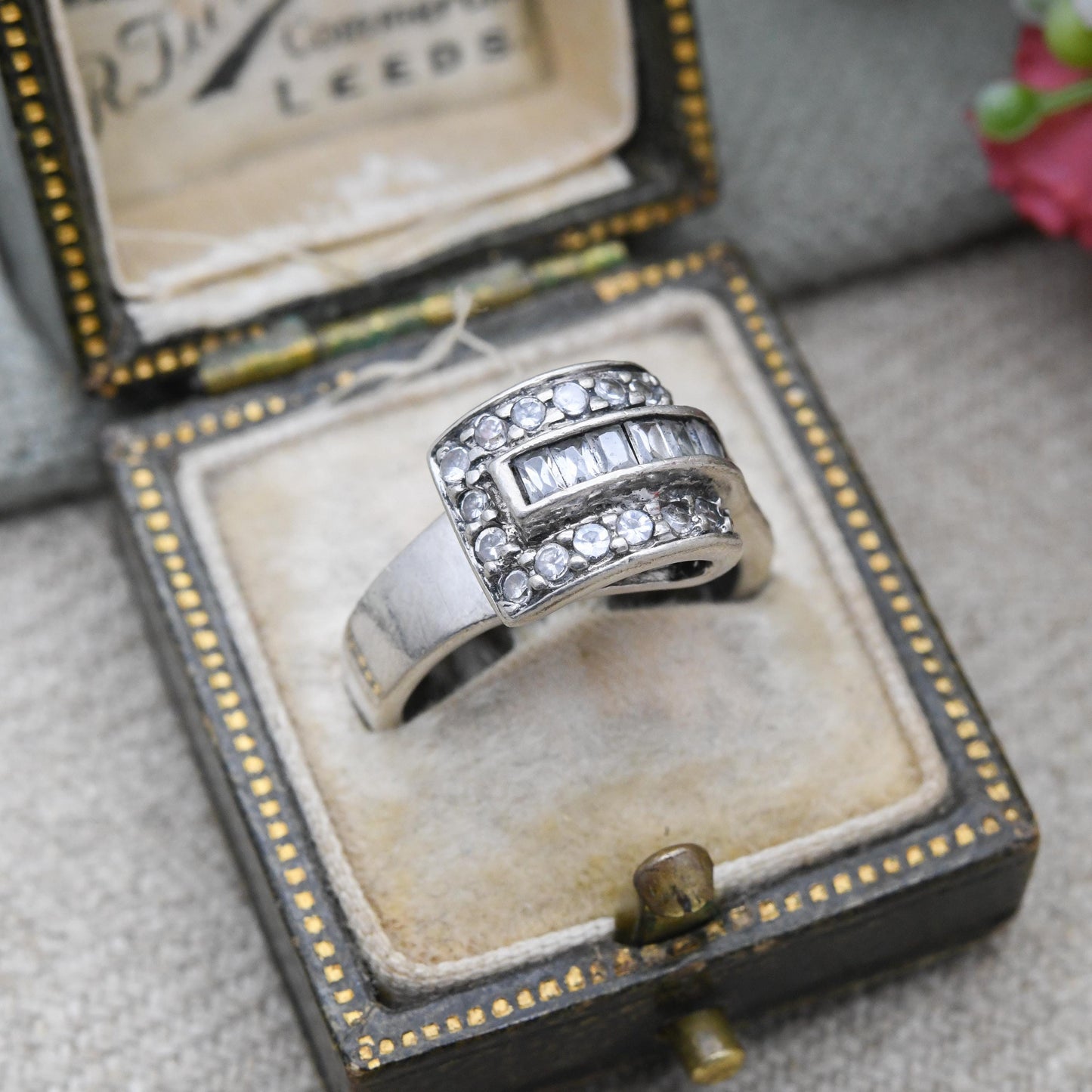 Vintage Sterling Silver Clear Stone Ribbon Ring - Channel Pavé Set Tank Ring | UK Size - J 1/2 | US Size - 5