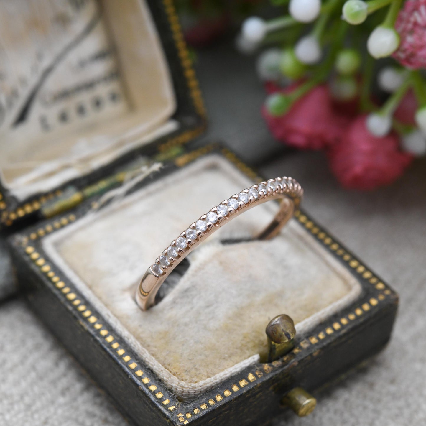 Vintage Sterling Silver Rose Gold Plated CZ Half Eternity Band Ring - Scallop Setting | UK Size - R 1/2 | US Size - 8 3/4