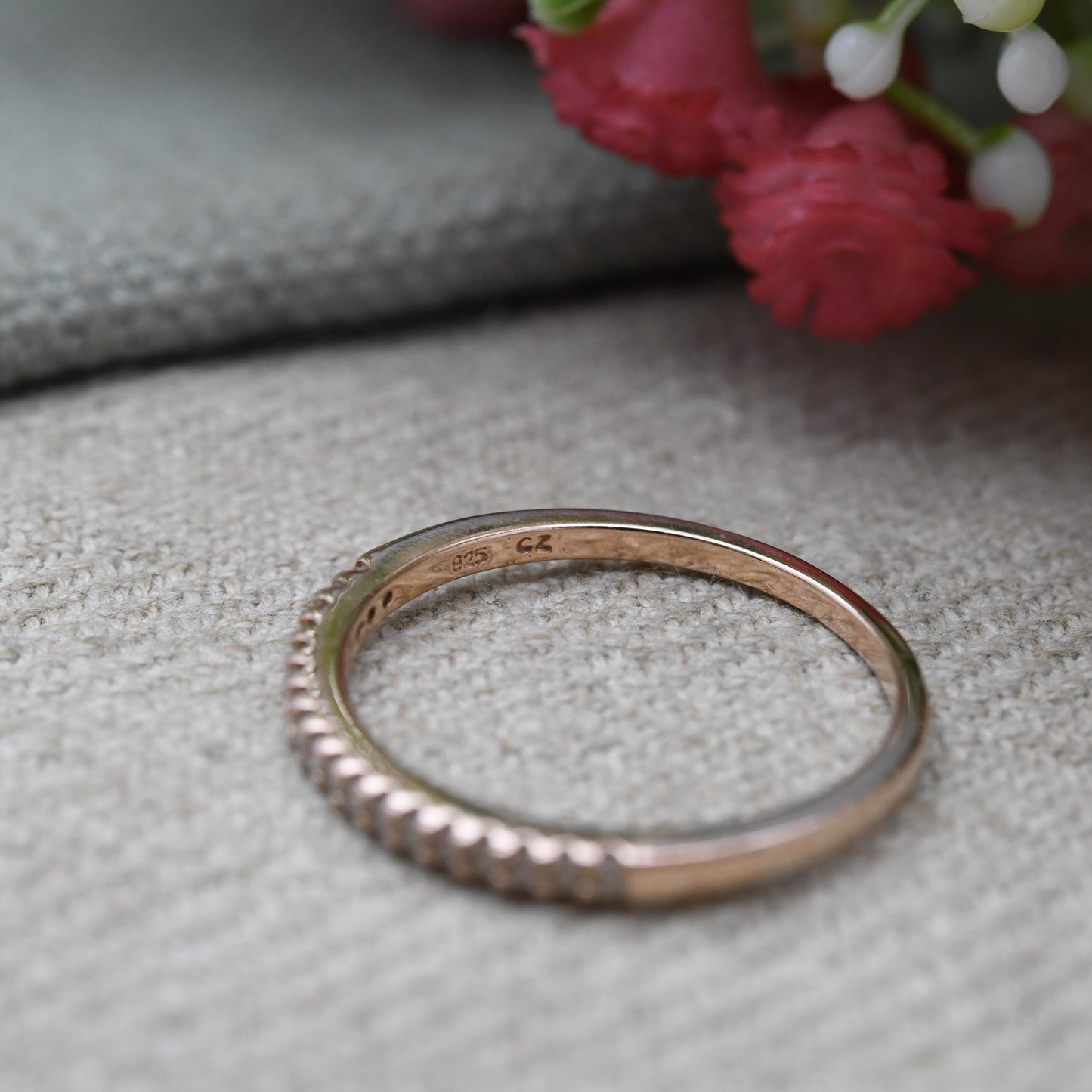 Vintage Sterling Silver Rose Gold Plated CZ Half Eternity Band Ring - Scallop Setting | UK Size - R 1/2 | US Size - 8 3/4