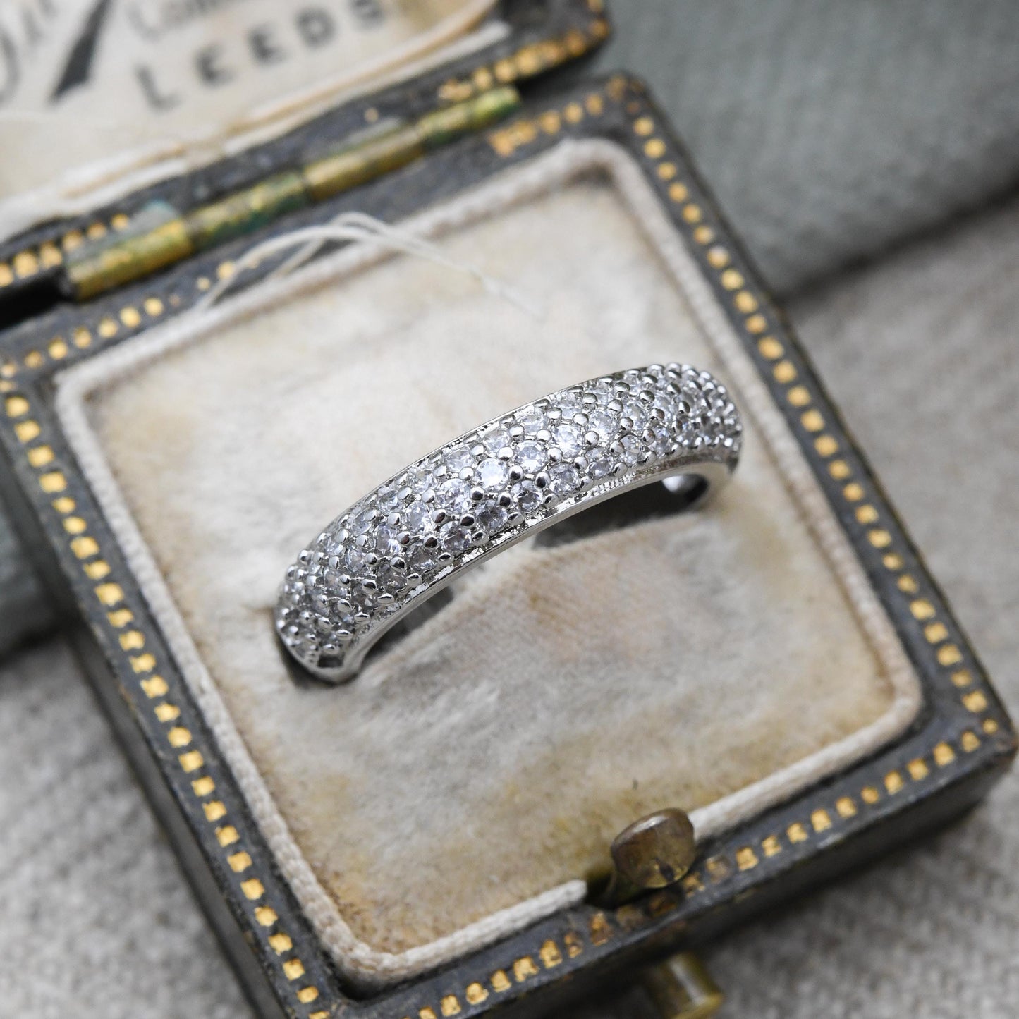 Vintage Sterling Silver Boule Ring - Clear Stone Half Hoop Ring | Gift for Her | UK Size - J | US Size - 4 3/4