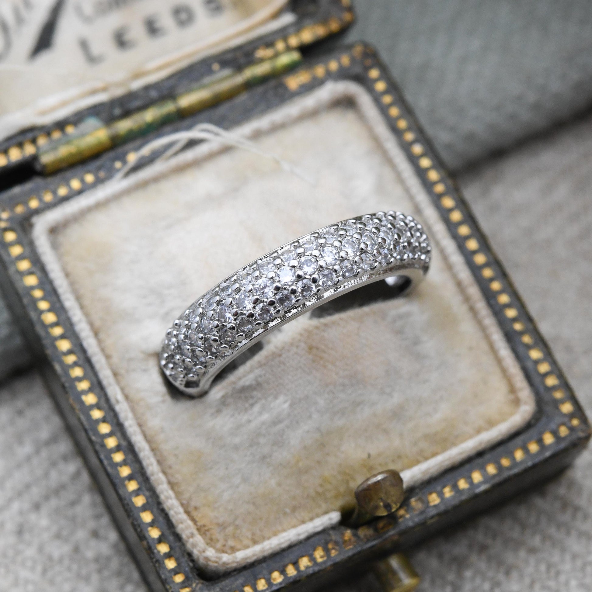Vintage Sterling Silver Boule Ring - Clear Stone Half Hoop Ring | Gift for Her | UK Size - J | US Size - 4 3/4