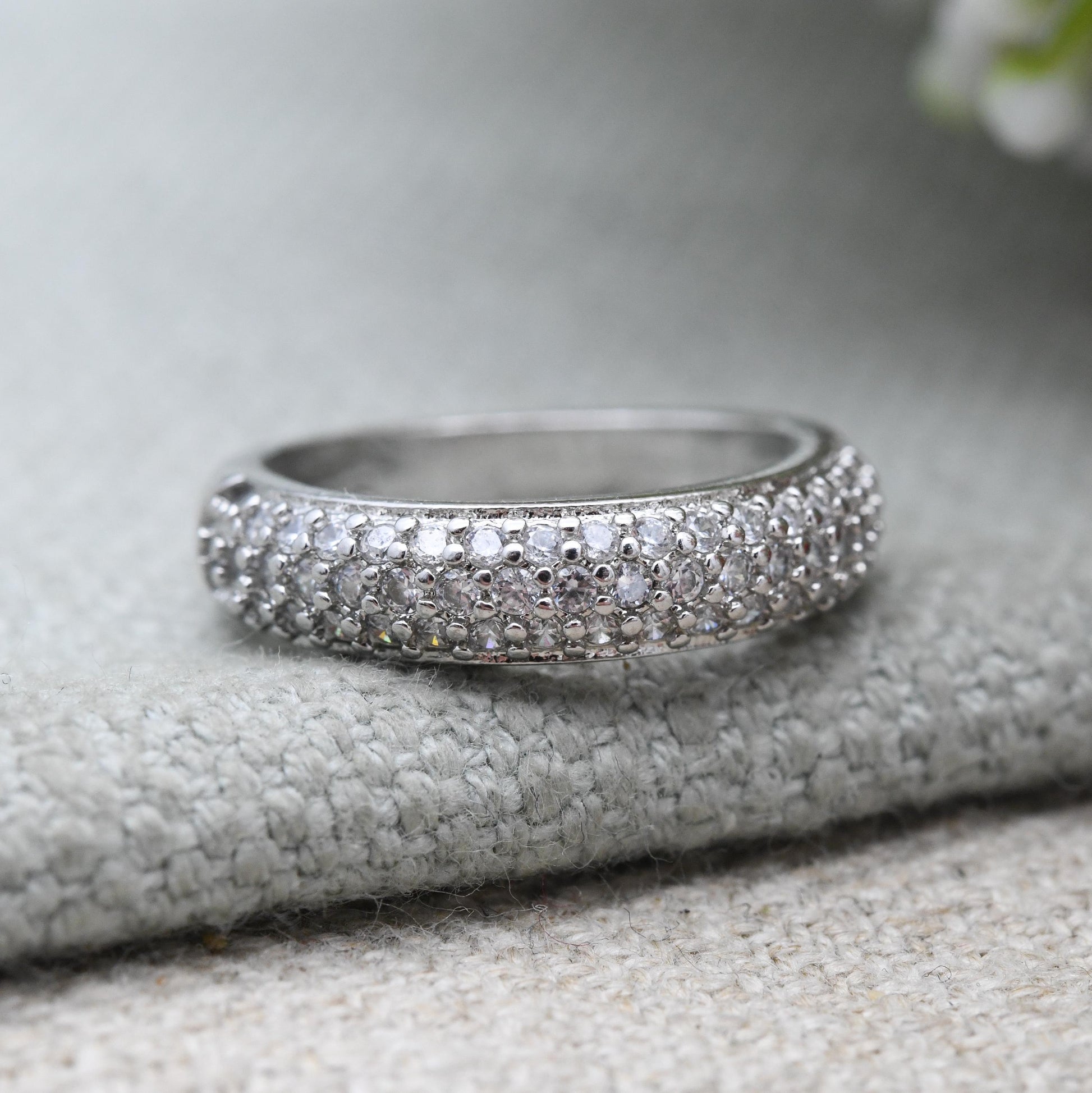 Vintage Sterling Silver Boule Ring - Clear Stone Half Hoop Ring | Gift for Her | UK Size - J | US Size - 4 3/4