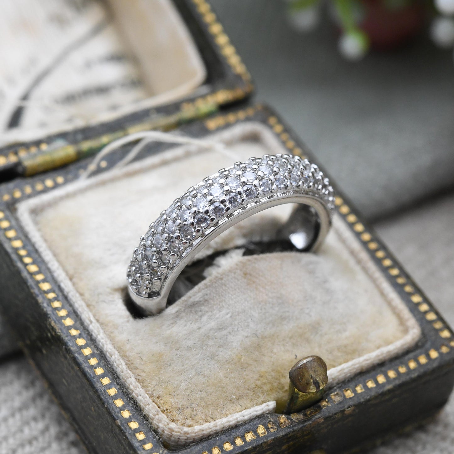 Vintage Sterling Silver Boule Ring - Clear Stone Half Hoop Ring | Gift for Her | UK Size - J | US Size - 4 3/4