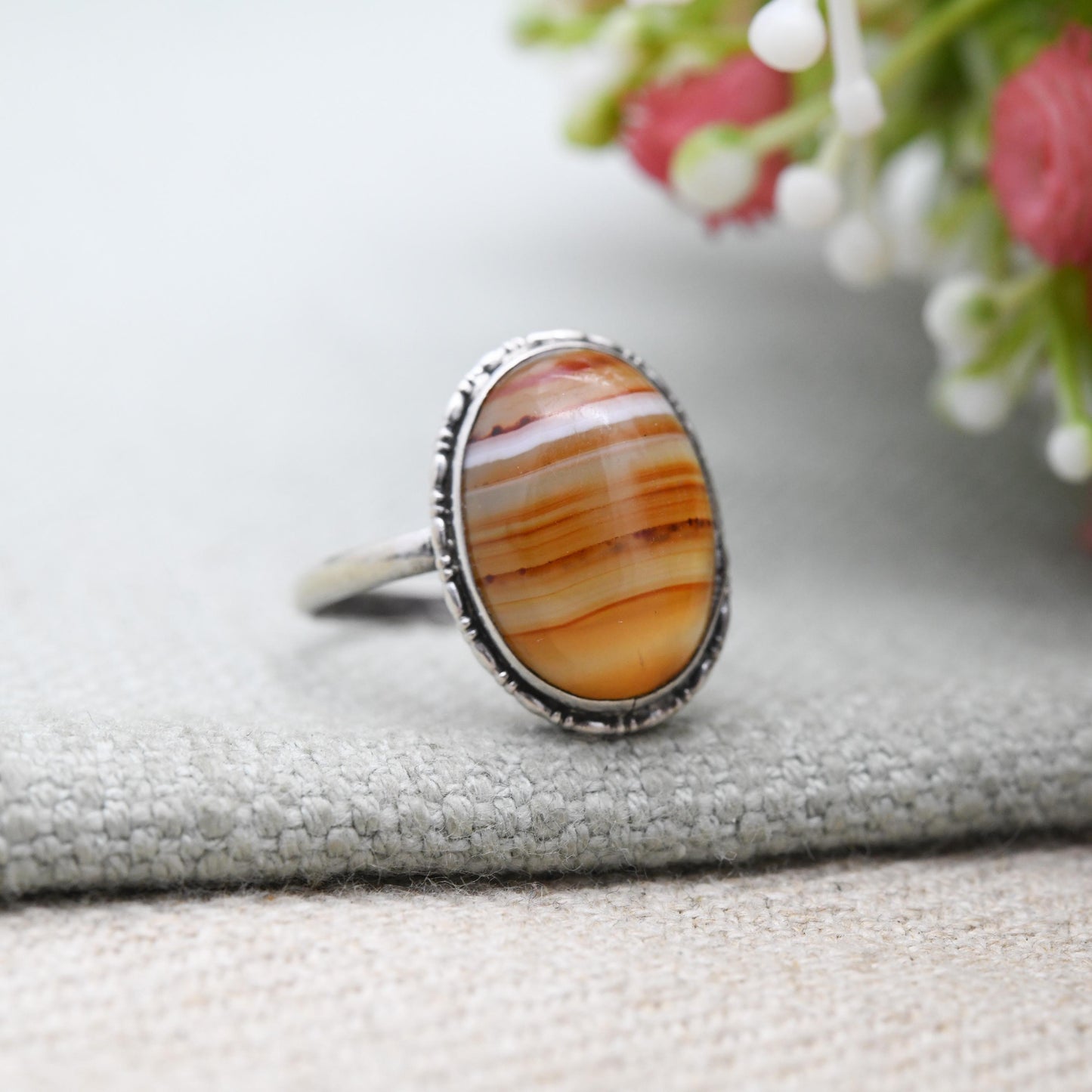 Vintage Silver Carnelian Ring - Cabochon Large Orange Gemstone | Pretty Gift for Her | UK Size - N | US Size - 6 3/4
