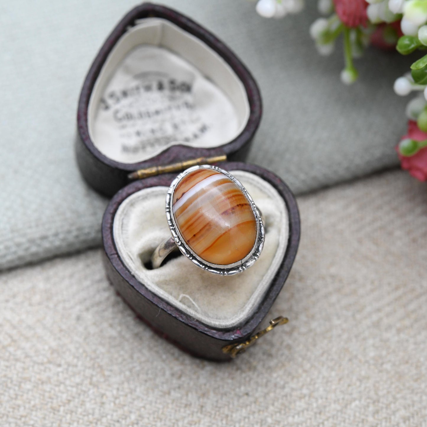 Vintage Silver Carnelian Ring - Cabochon Large Orange Gemstone | Pretty Gift for Her | UK Size - N | US Size - 6 3/4