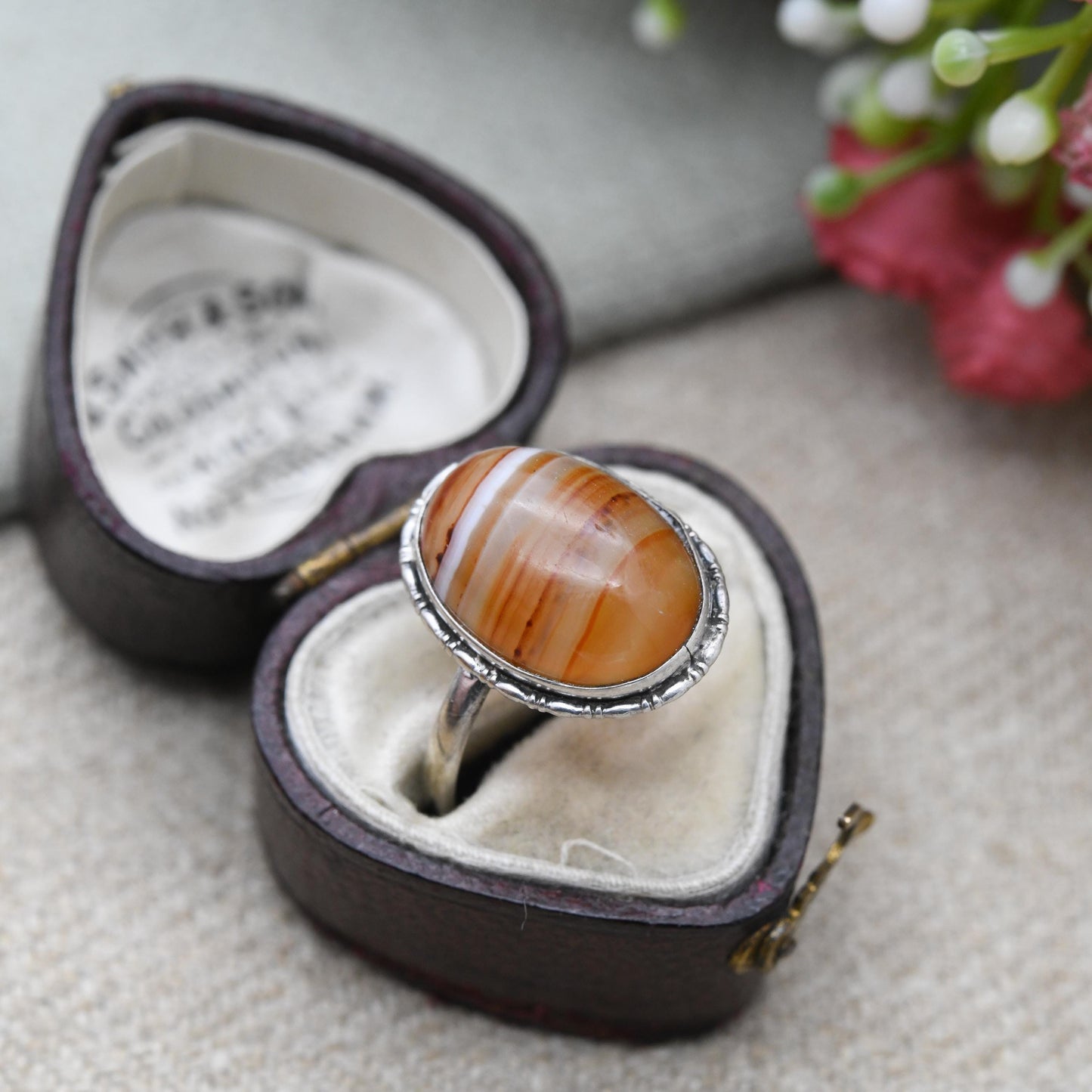 Vintage Silver Carnelian Ring - Cabochon Large Orange Gemstone | Pretty Gift for Her | UK Size - N | US Size - 6 3/4