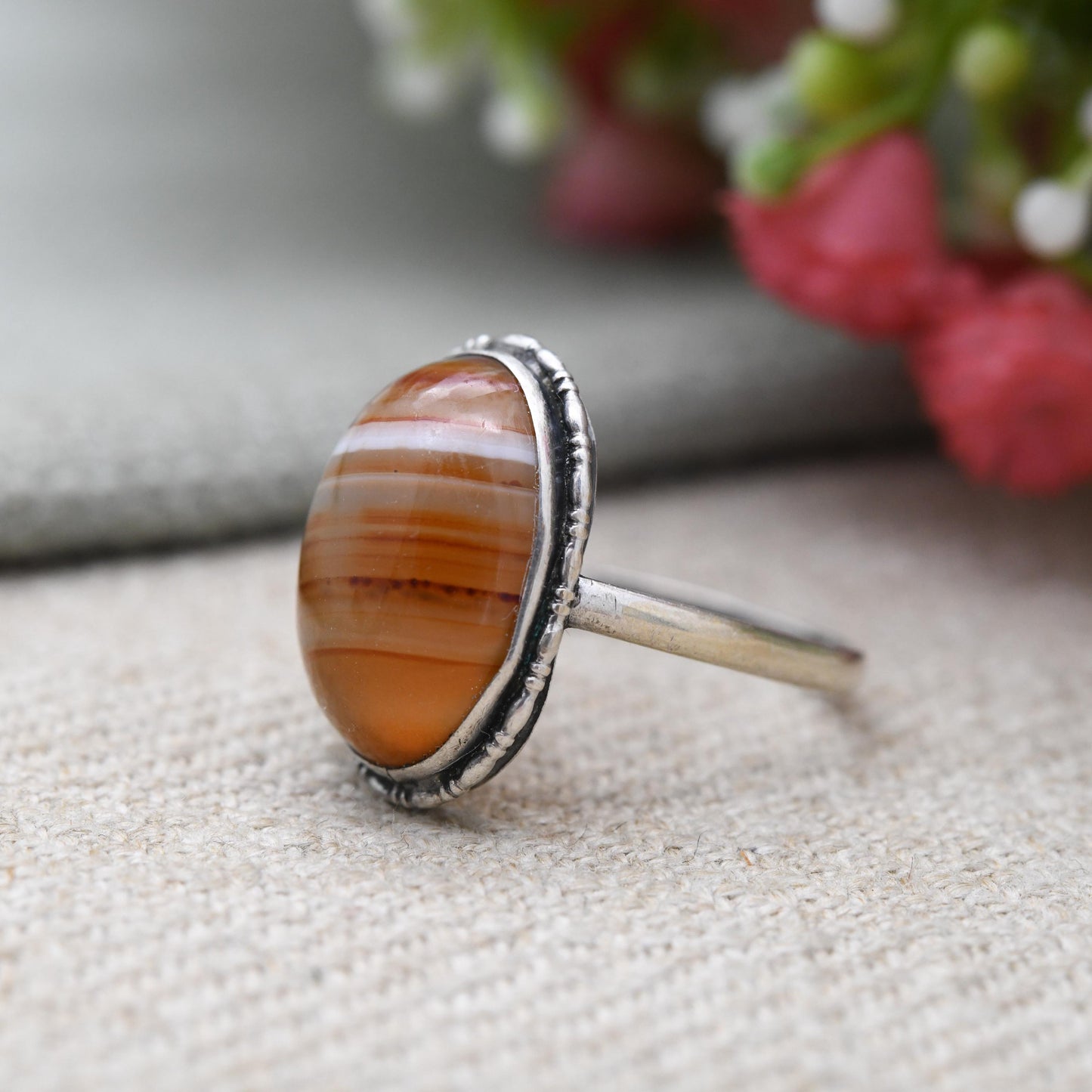 Vintage Silver Carnelian Ring - Cabochon Large Orange Gemstone | Pretty Gift for Her | UK Size - N | US Size - 6 3/4