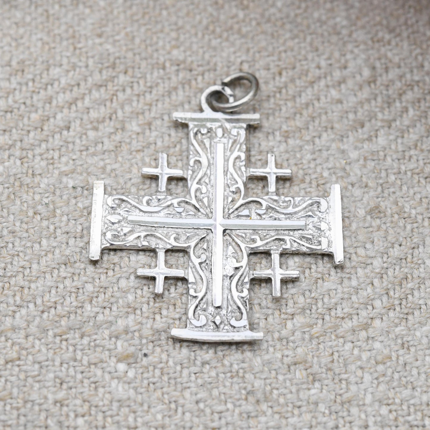 Vintage Sterling Silver Jerusalem Cross Pendant - Crusader Cross with Scrolling Design | Pretty Mid-Century Israel Jewellery