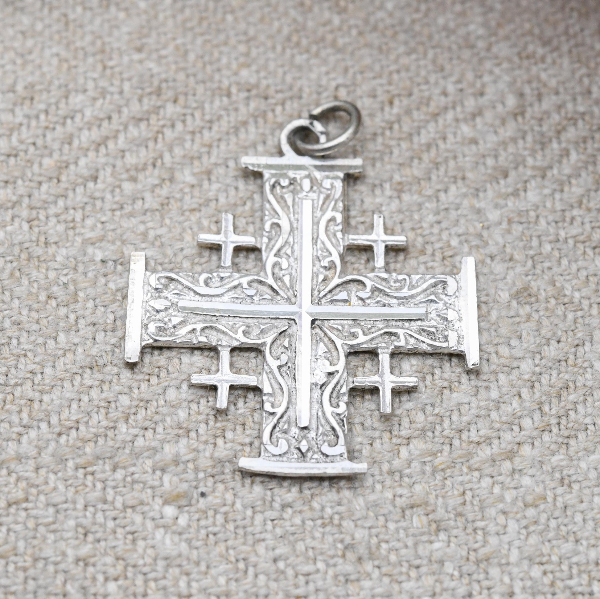 Vintage Sterling Silver Jerusalem Cross Pendant - Crusader Cross with Scrolling Design | Pretty Mid-Century Israel Jewellery