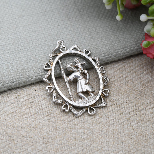 Vintage Sterling Silver St. Christopher Oval Shaped Pendant Engraved | Openwork Design | Saint of Travelling | Religious Jewellery