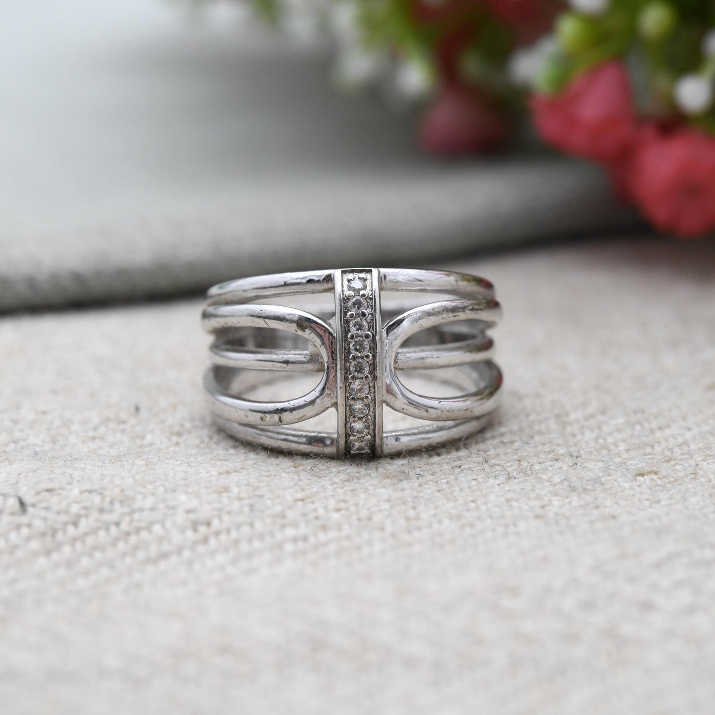 Vintage Sterling Silver Clear Stone Openwork Ring - Chunky Minimalist Pavé White Stone | UK Size - O 1/2 | US Size - 7 1/4