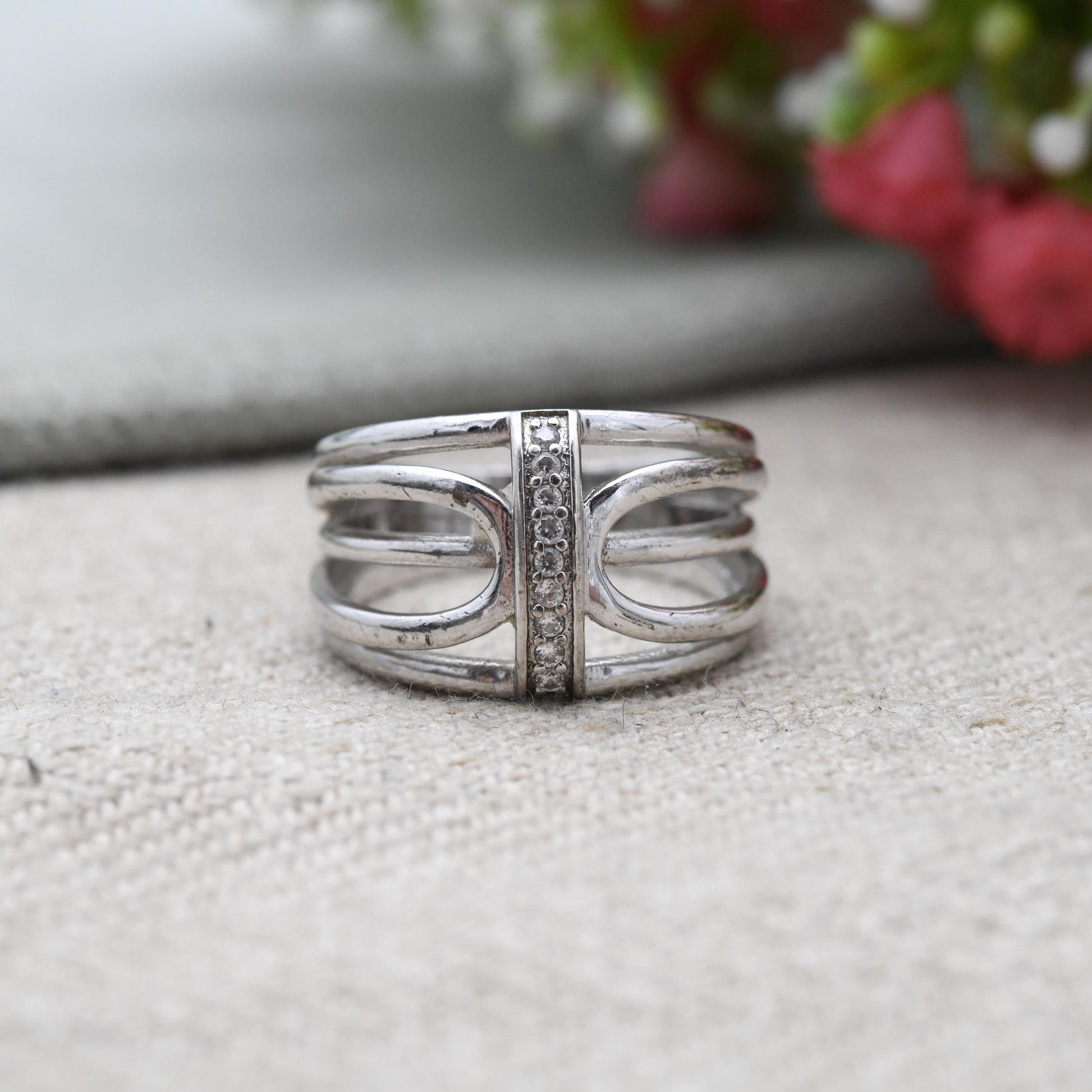 Vintage Sterling Silver Clear Stone Openwork Ring - Chunky Minimalist Pavé White Stone | UK Size - O 1/2 | US Size - 7 1/4