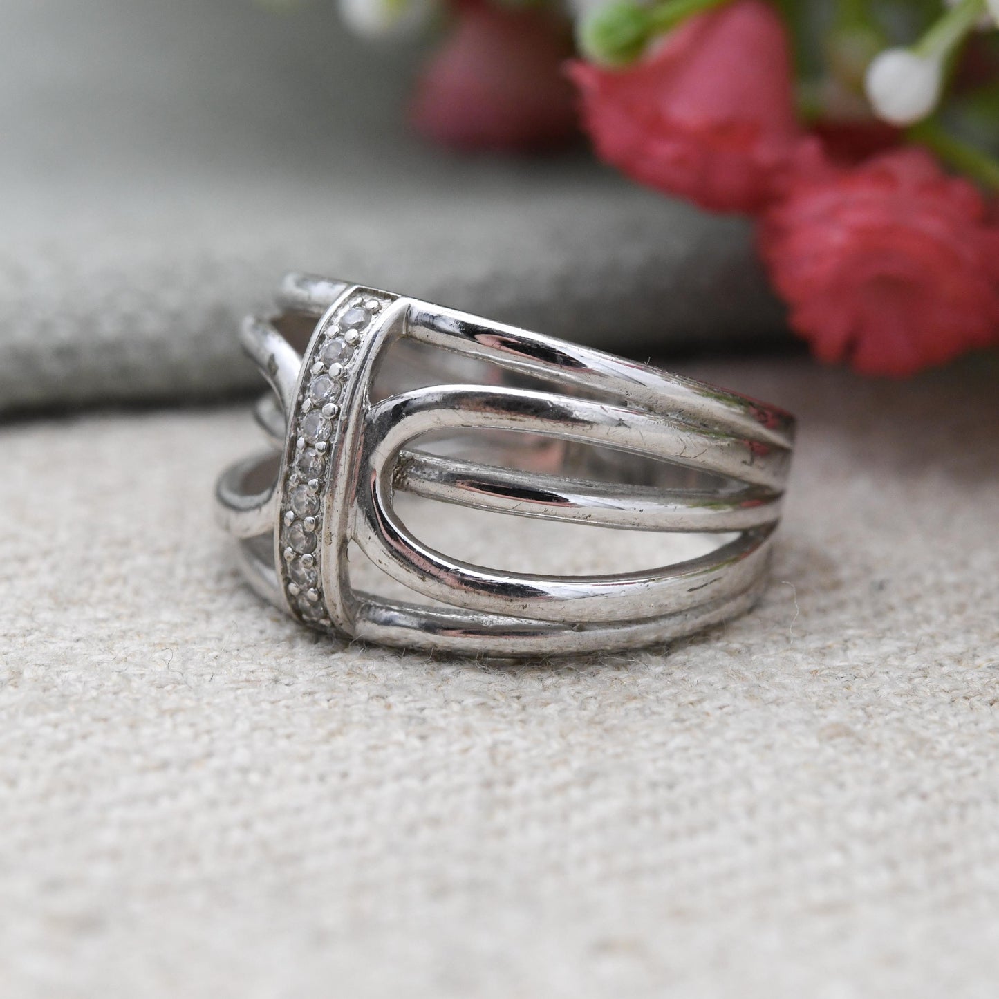 Vintage Sterling Silver Clear Stone Openwork Ring - Chunky Minimalist Pavé White Stone | UK Size - O 1/2 | US Size - 7 1/4