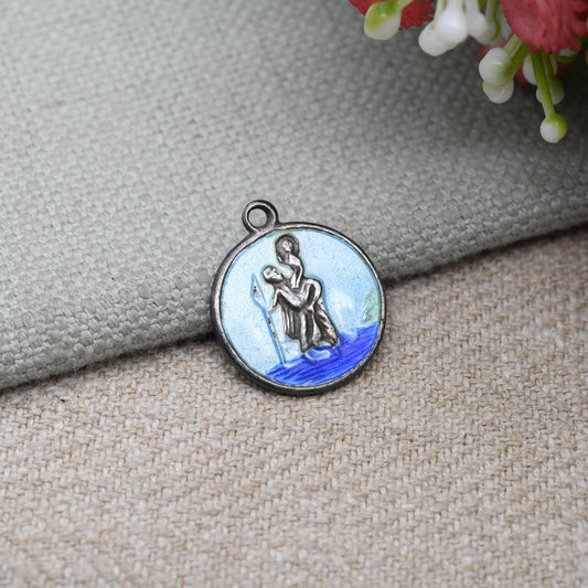 Vintage Sterling Silver St. Christopher Pendant Mid-Century - Enamel | Circle | Saint of Travelling | Christian Religious Gift