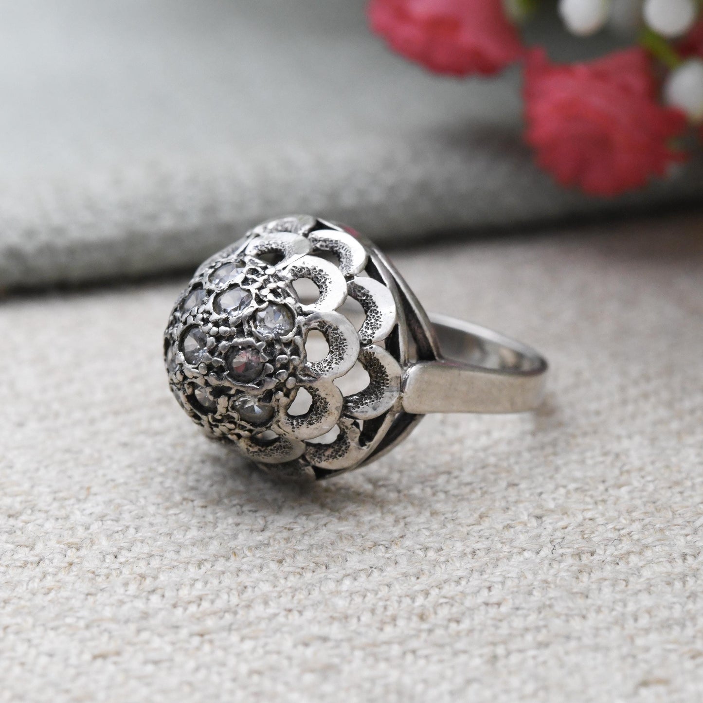 Vintage Sterling Silver Boule Cluster Ring - Clear Stones | Statement Cocktail Ring | Sparkly Ball | UK Size - H | US Size - 3 3/4