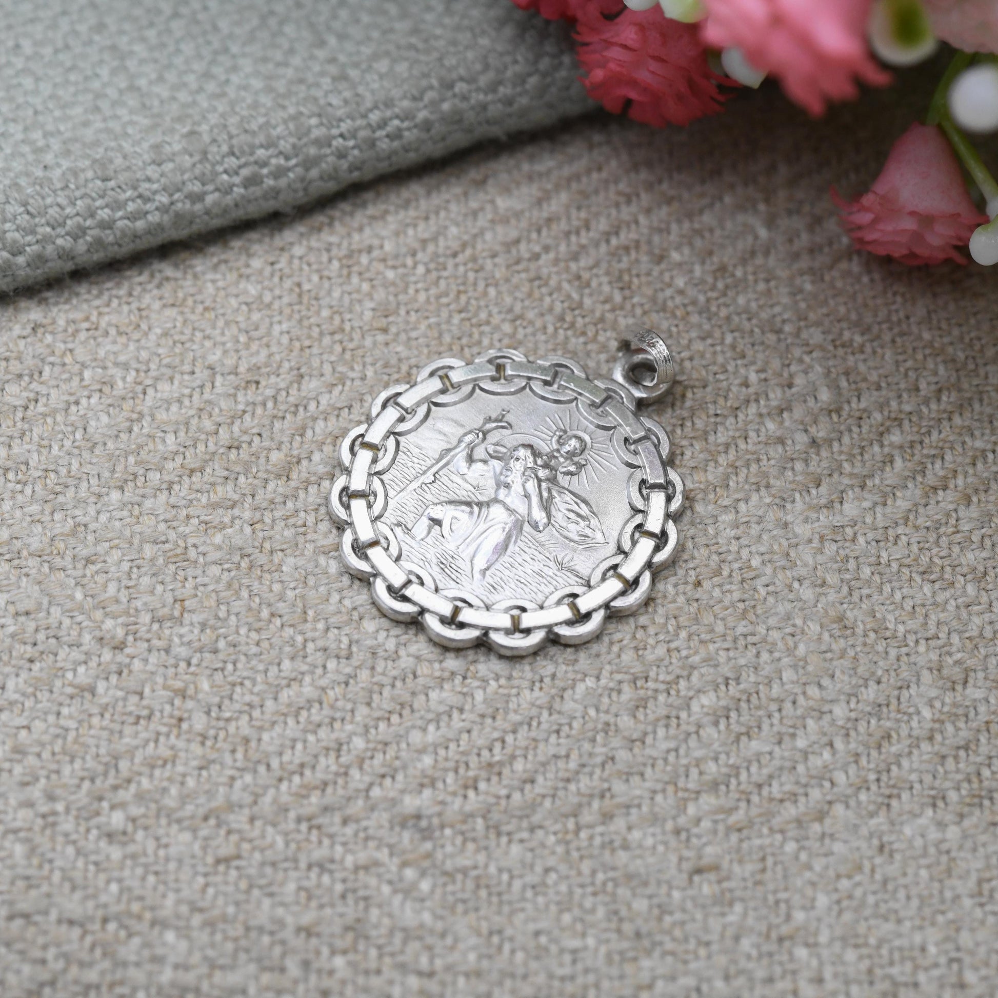 Vintage Sterling Silver St. Christopher Pendant - Decorated Border Circle Saint of Travelling | Christian Jewellery | Gift for Necklace