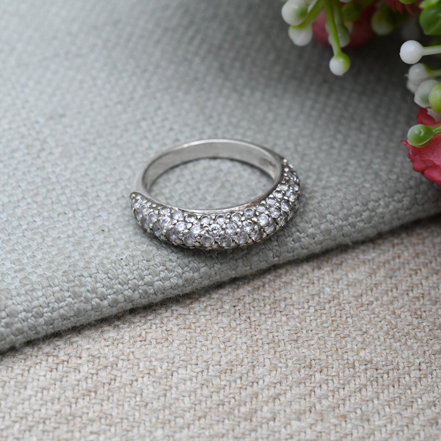 Vintage Sterling Silver Boule Ring - Clear Stone Half Hoop | Gift for Her | UK Size - J | US Size - 4 3/4