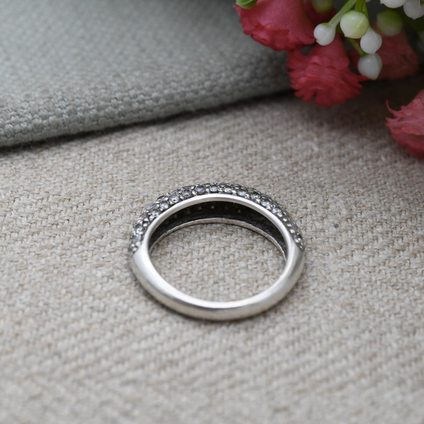 Vintage Sterling Silver Boule Ring - Clear Stone Half Hoop | Gift for Her | UK Size - J | US Size - 4 3/4