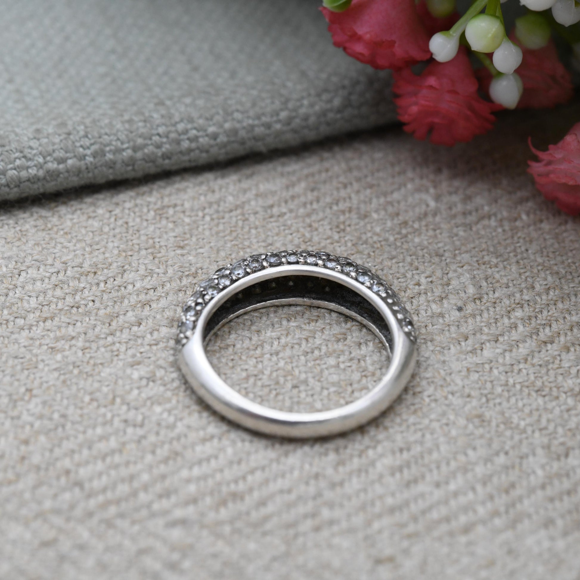 Vintage Sterling Silver Boule Ring - Clear Stone Half Hoop | Gift for Her | UK Size - J | US Size - 4 3/4