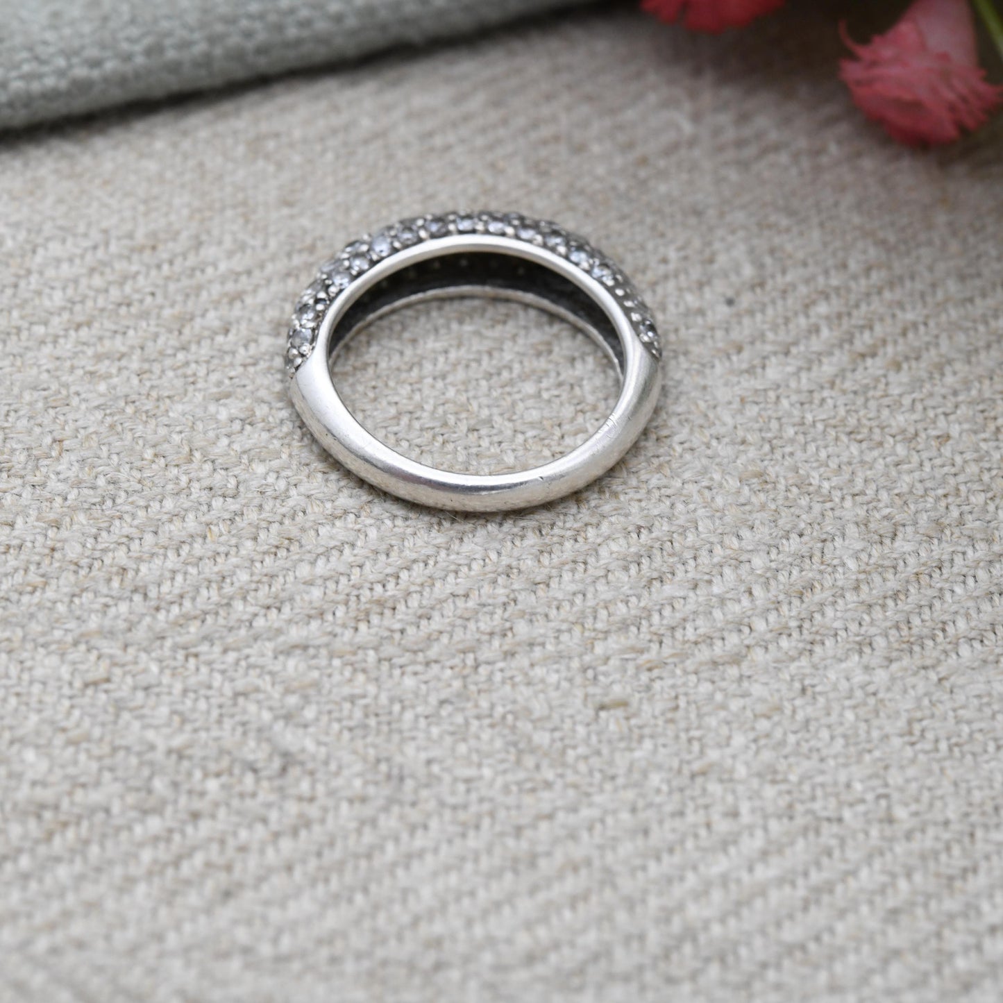 Vintage Sterling Silver Boule Ring - Clear Stone Half Hoop | Gift for Her | UK Size - J | US Size - 4 3/4