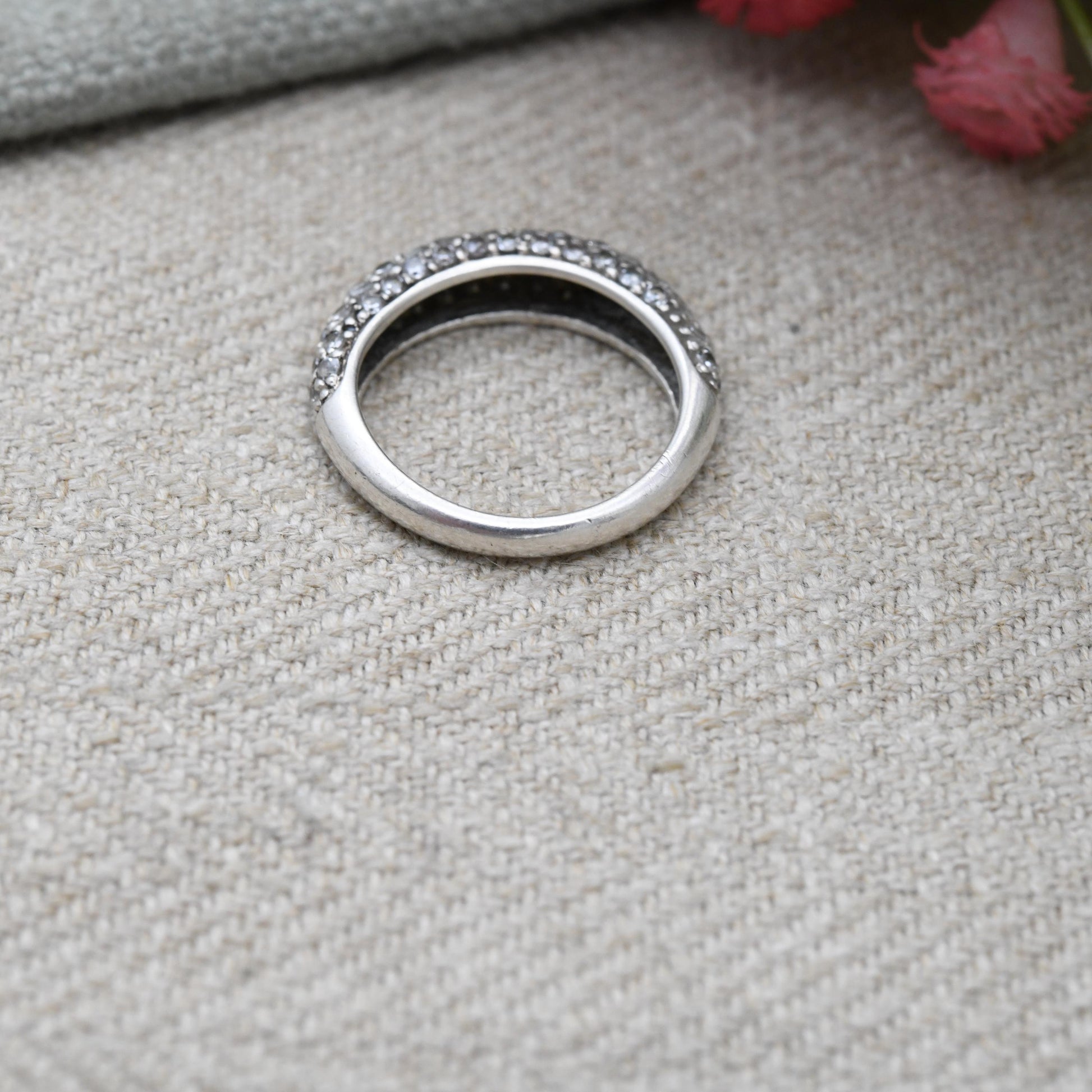 Vintage Sterling Silver Boule Ring - Clear Stone Half Hoop | Gift for Her | UK Size - J | US Size - 4 3/4