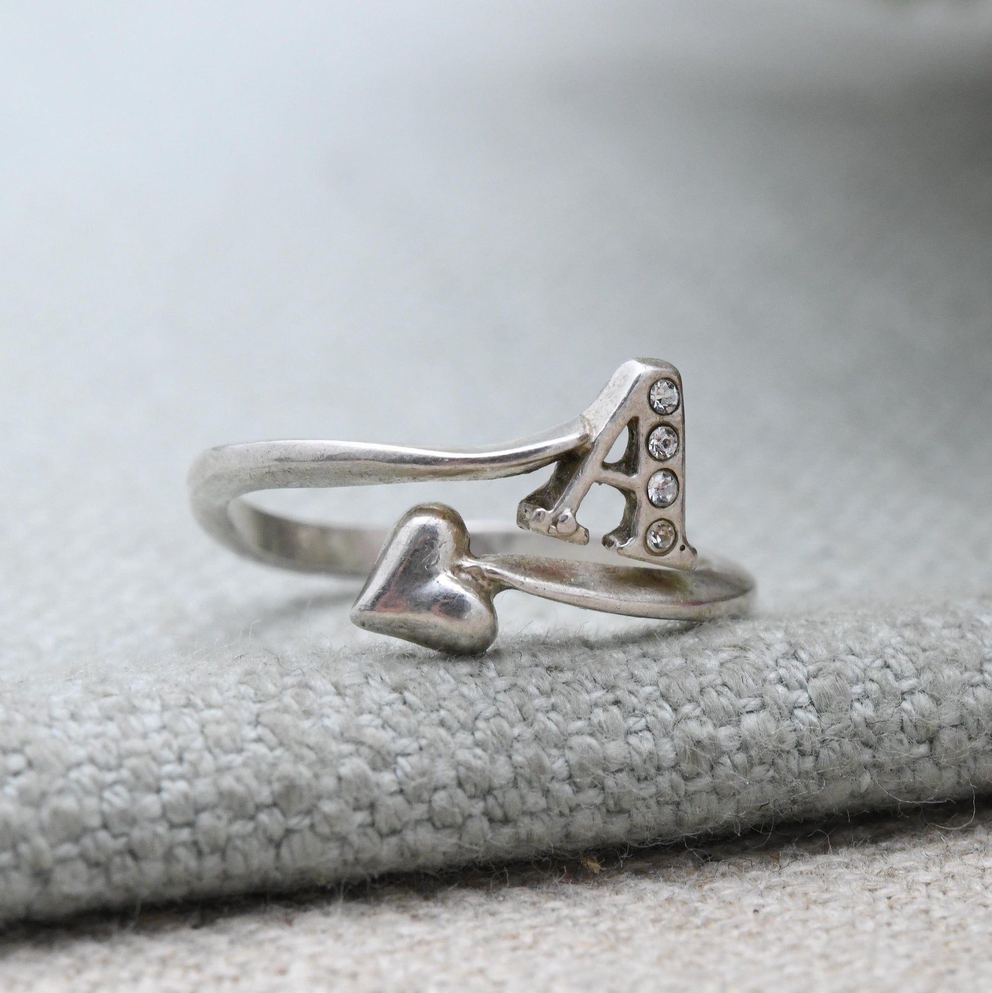 Vintage Sterling Silver Letter A Love Heart Ring - Clear Stone Y2K Jewellery | Romantic Gift for Her | UK Size - L | US Size - 5 3/4