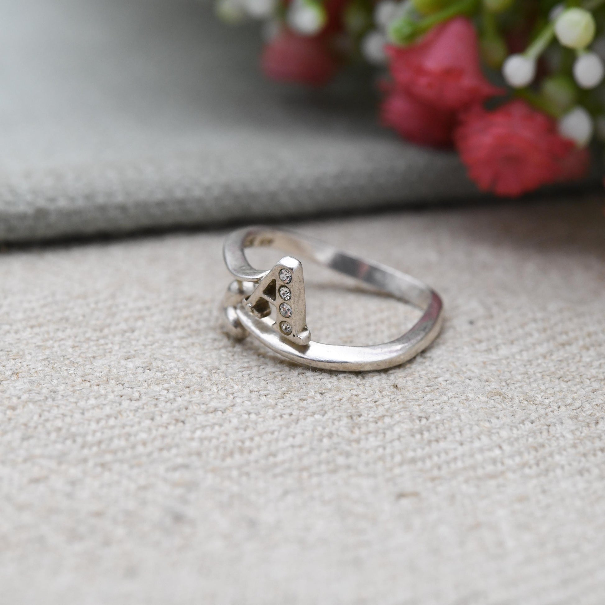 Vintage Sterling Silver Letter A Love Heart Ring - Clear Stone Y2K Jewellery | Romantic Gift for Her | UK Size - L | US Size - 5 3/4