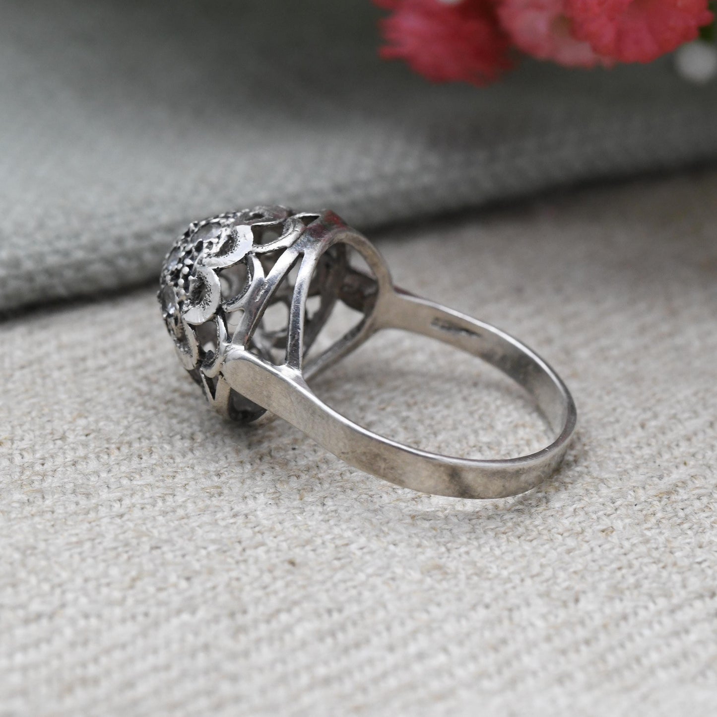 Vintage Sterling Silver Boule Cluster Ring - Clear Stones | Statement Cocktail Ring | Sparkly Ball | UK Size - O 1/2 | US Size - 7 1/2