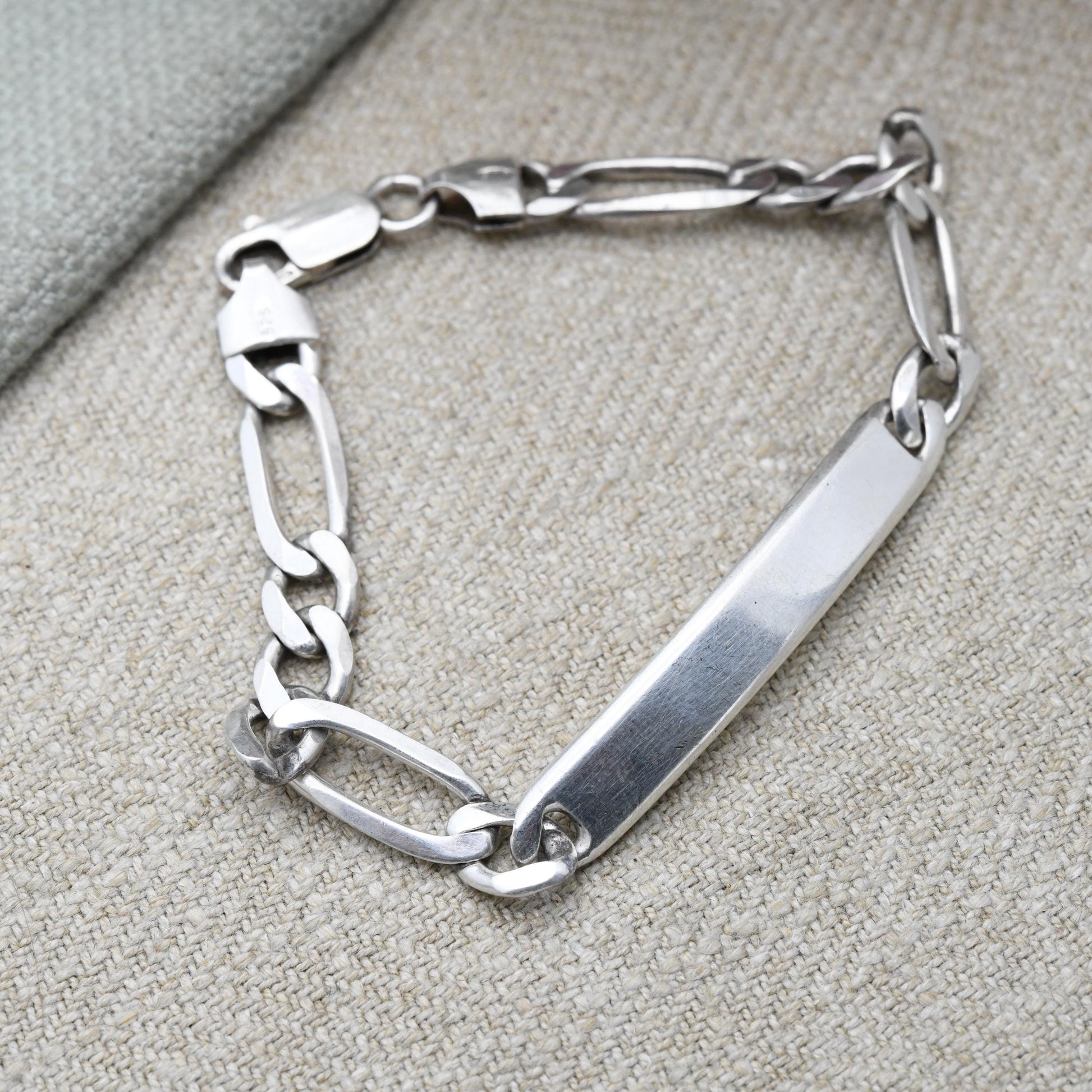 Vintage Italian Sterling Silver ID Bracelet - Figaro Links | Charm Bracelet | Unisex Jewellery Gift for Him